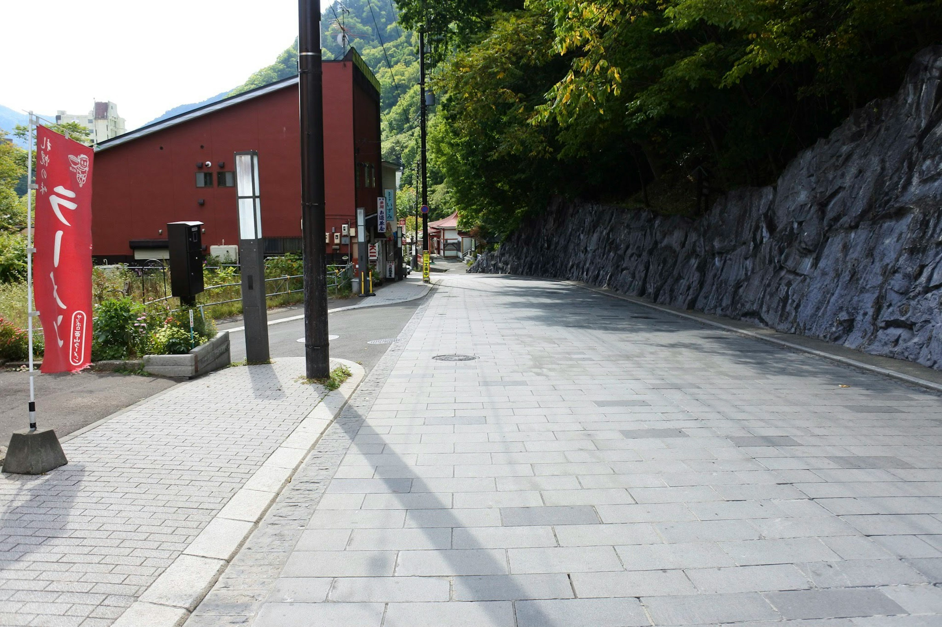 Ruhige Straße mit üppigem grünem Hintergrund