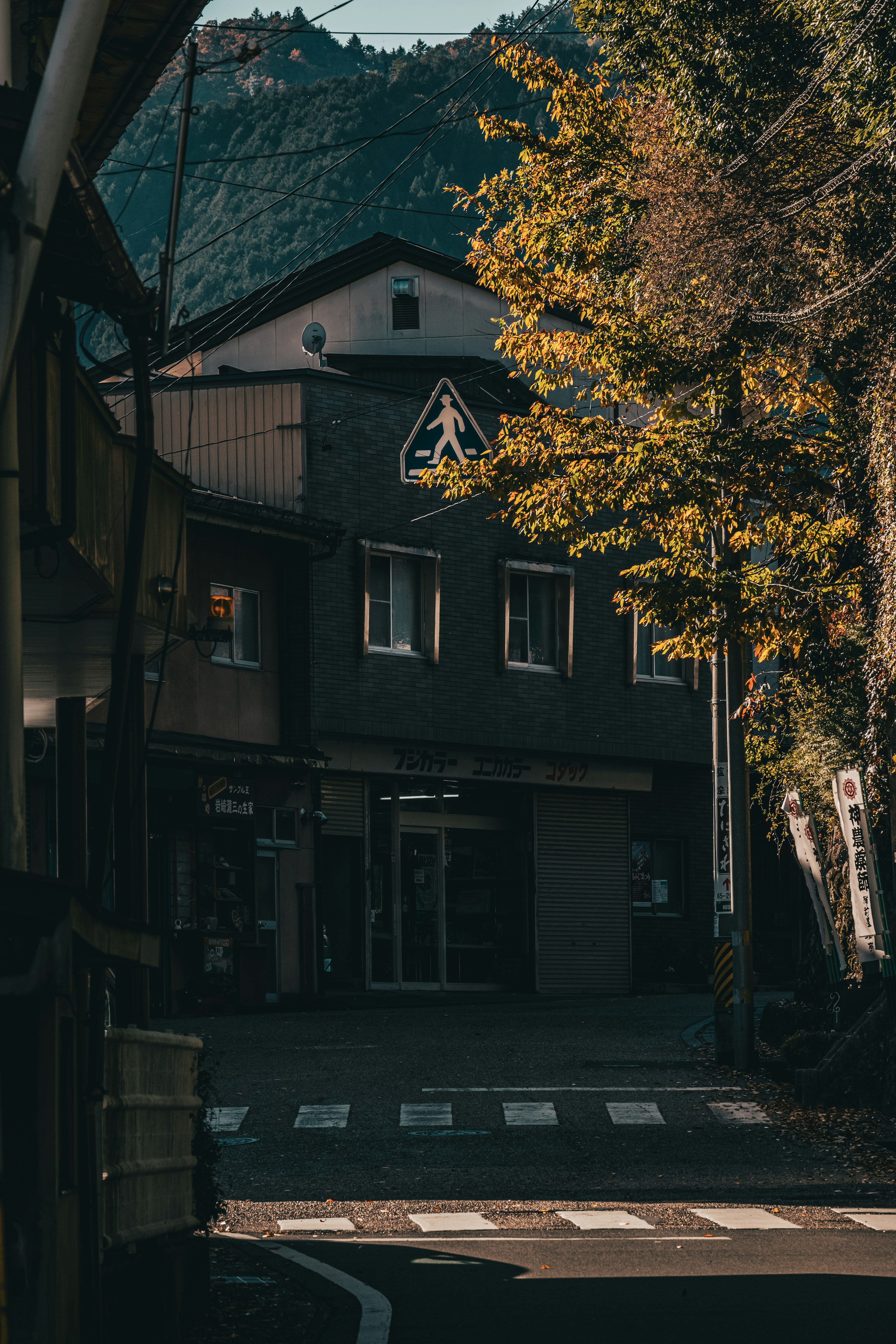 Straßenansicht mit einem alten Gebäude und Berglandschaft im Hintergrund mit Herbstblättern