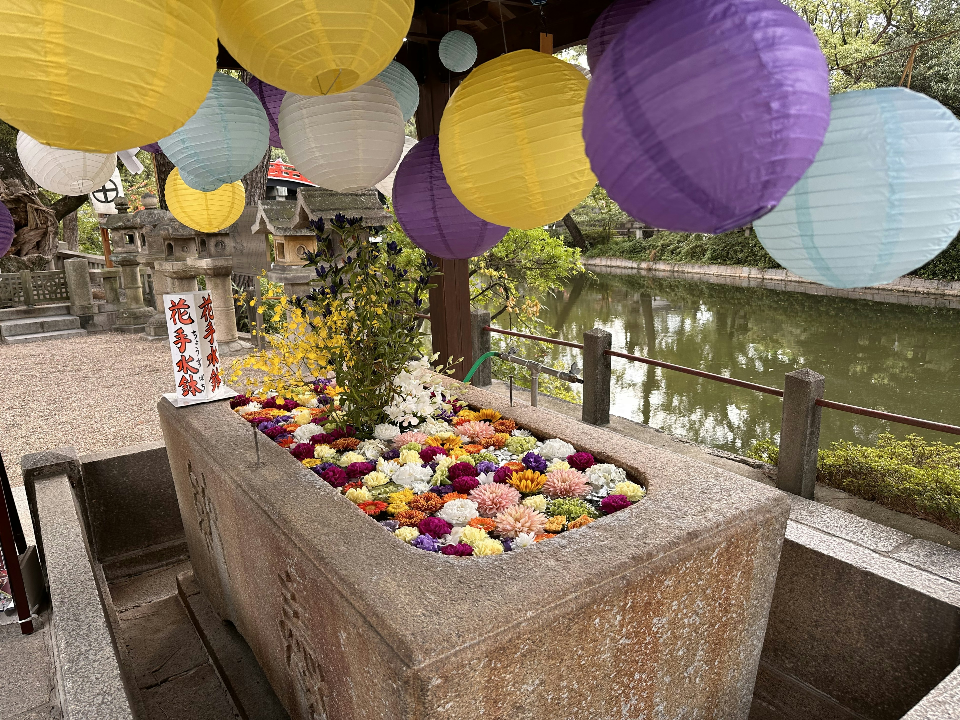 Stone basin adorned with colorful flowers under hanging lanterns