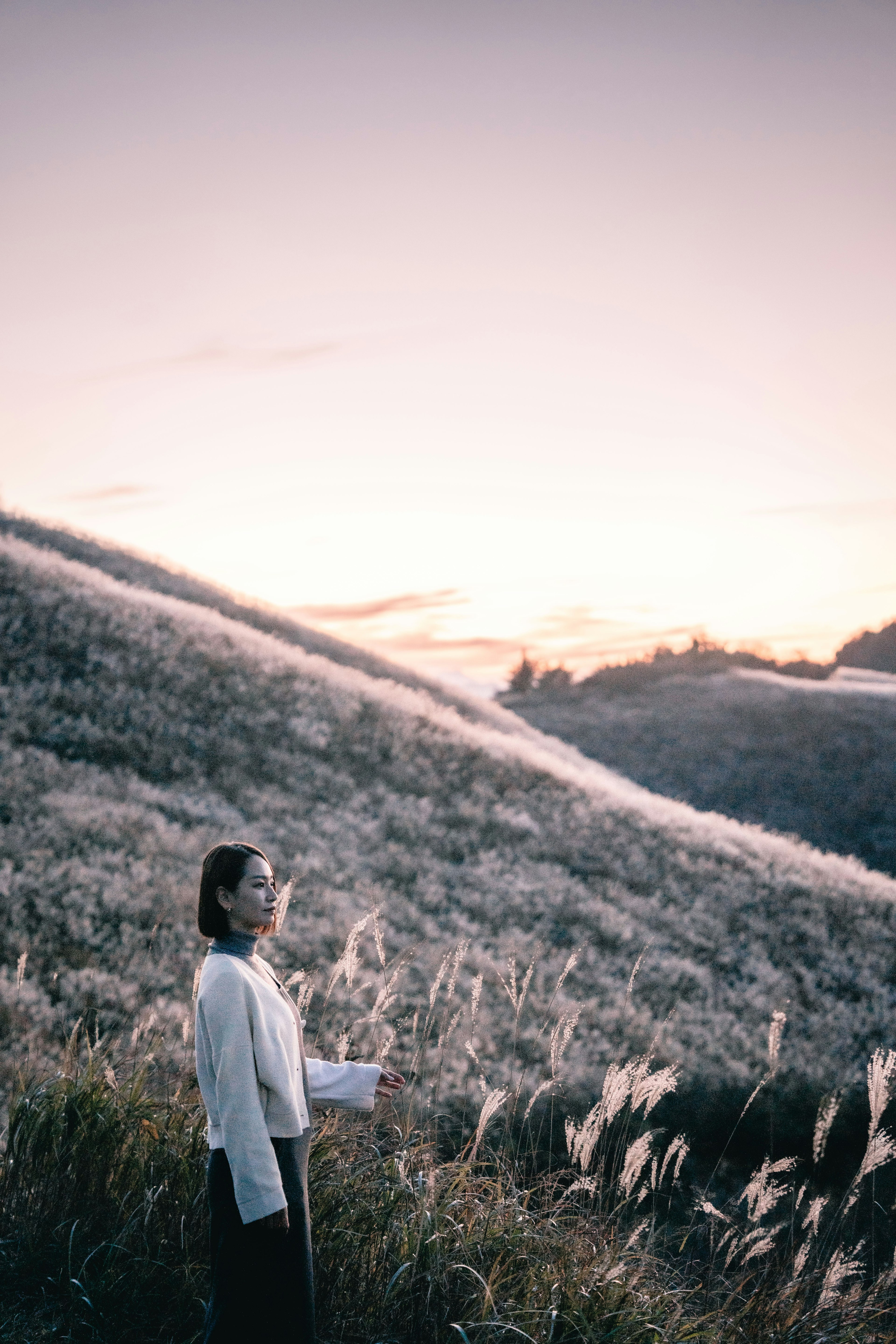 Profile of a woman standing in a grass field at sunset with a serene landscape