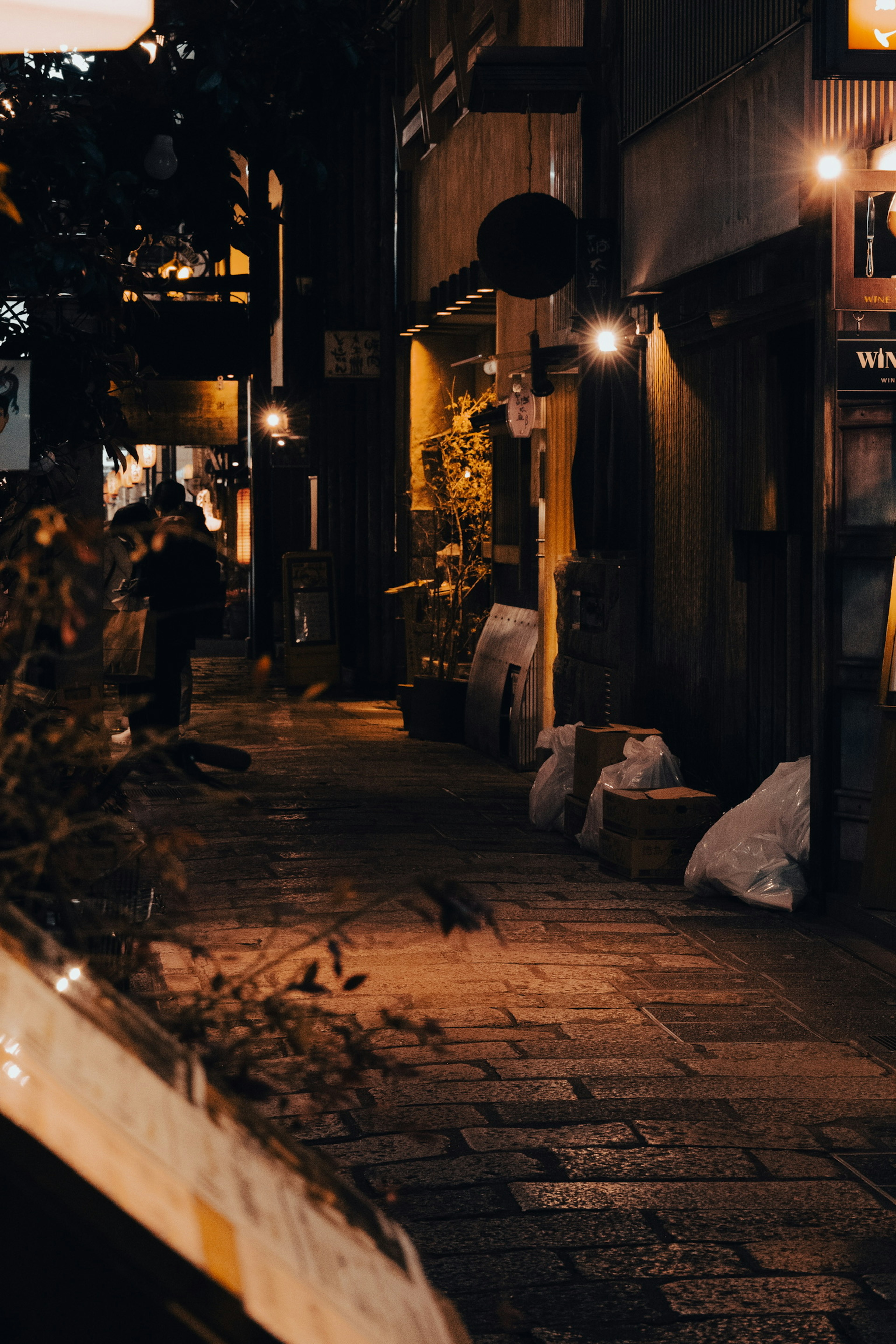 夜の街並みに沿った静かな小道と柔らかな照明