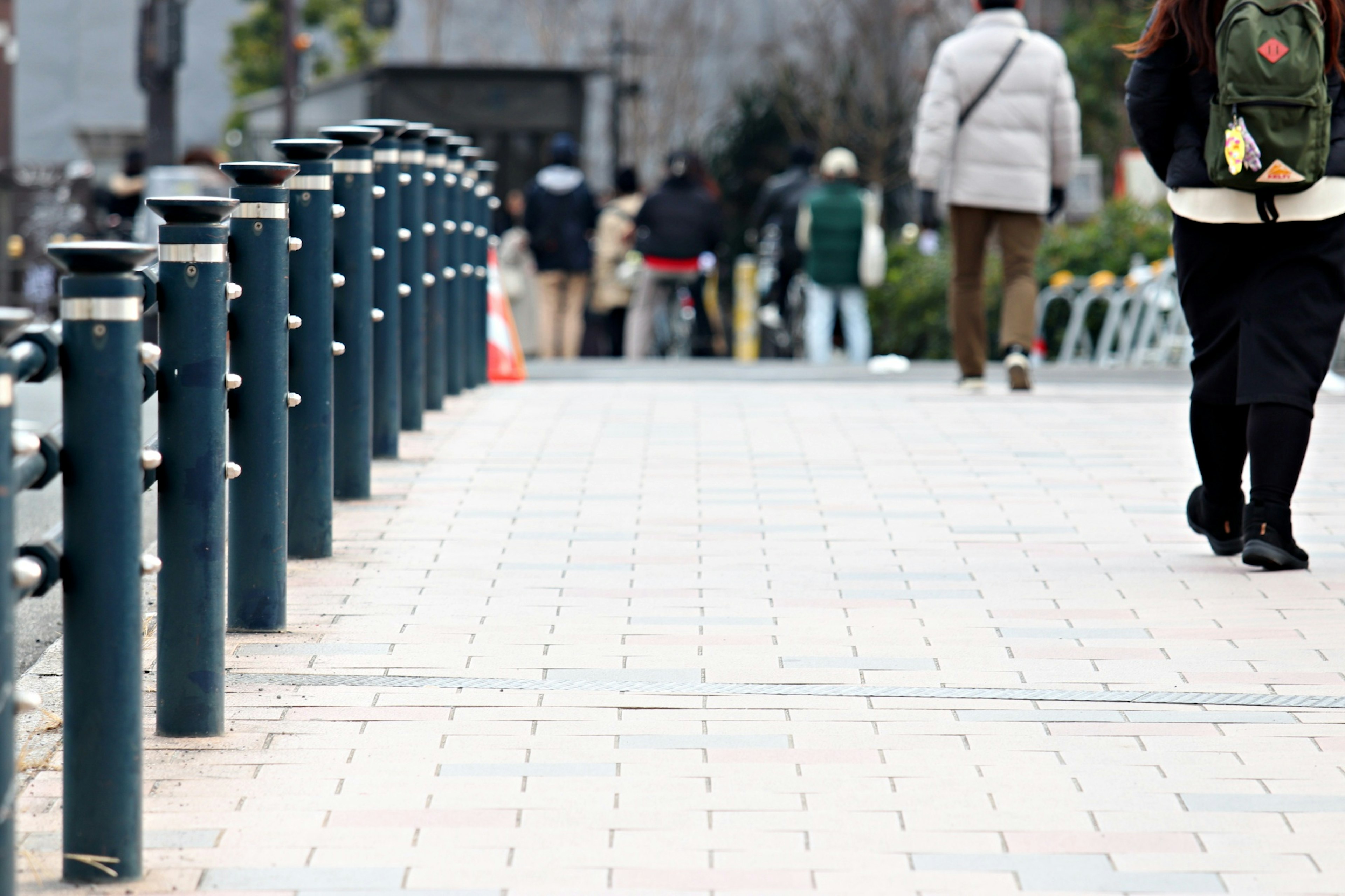 Paved walkway with blue posts and pedestrians