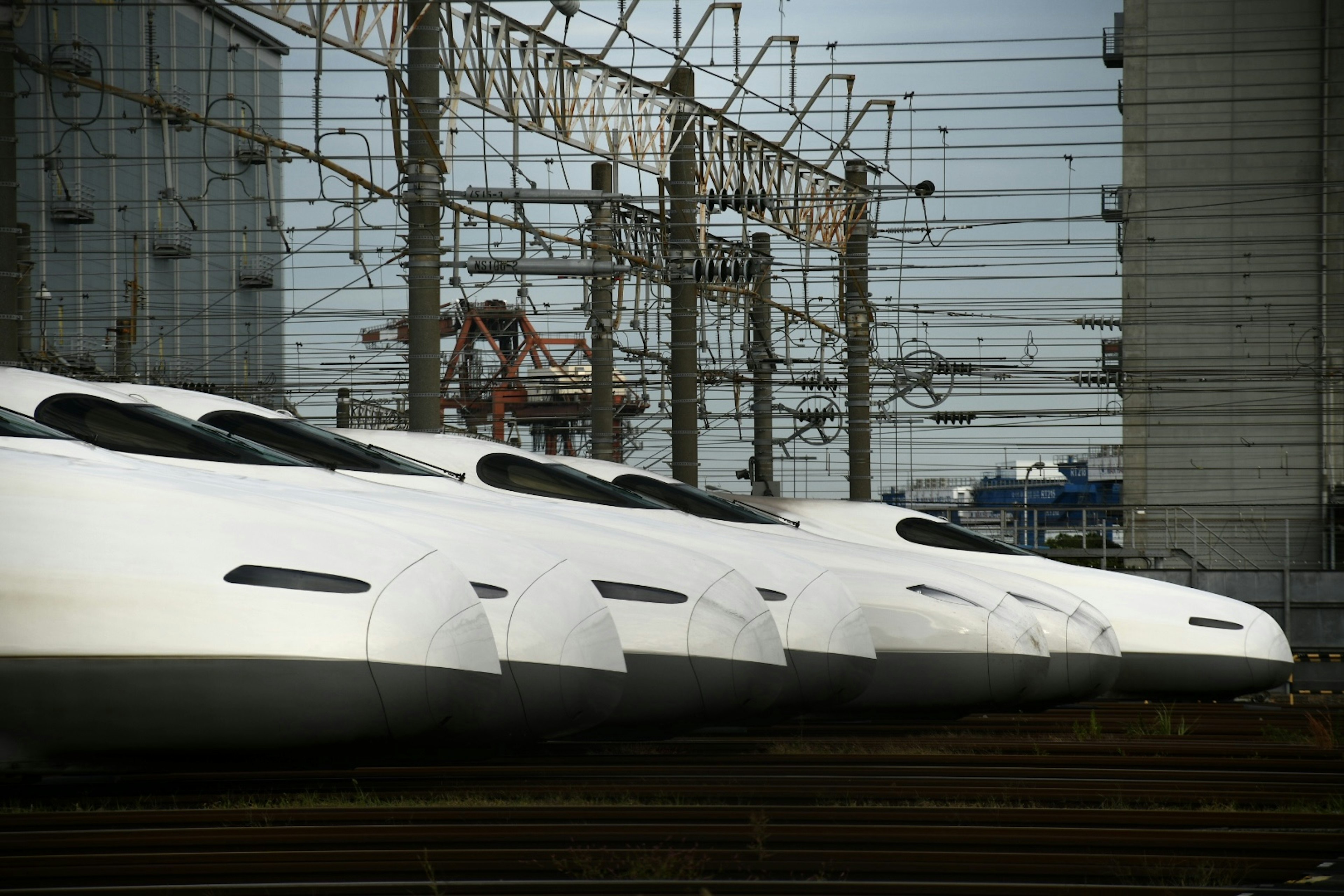 Multiple Shinkansen trains lined up in a railway setting