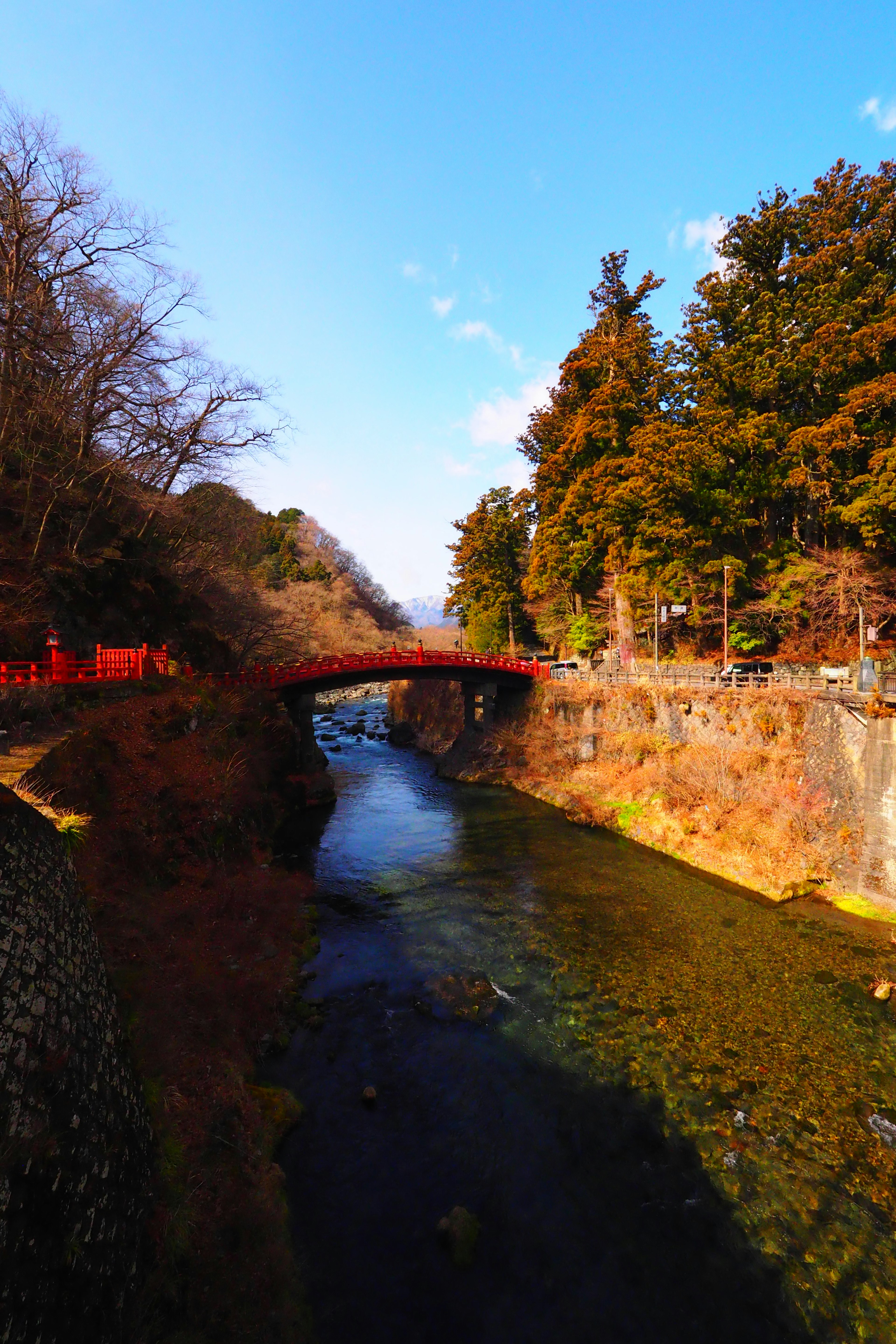 Vista panoramica di un ponte rosso su un fiume chiaro circondato da alberi