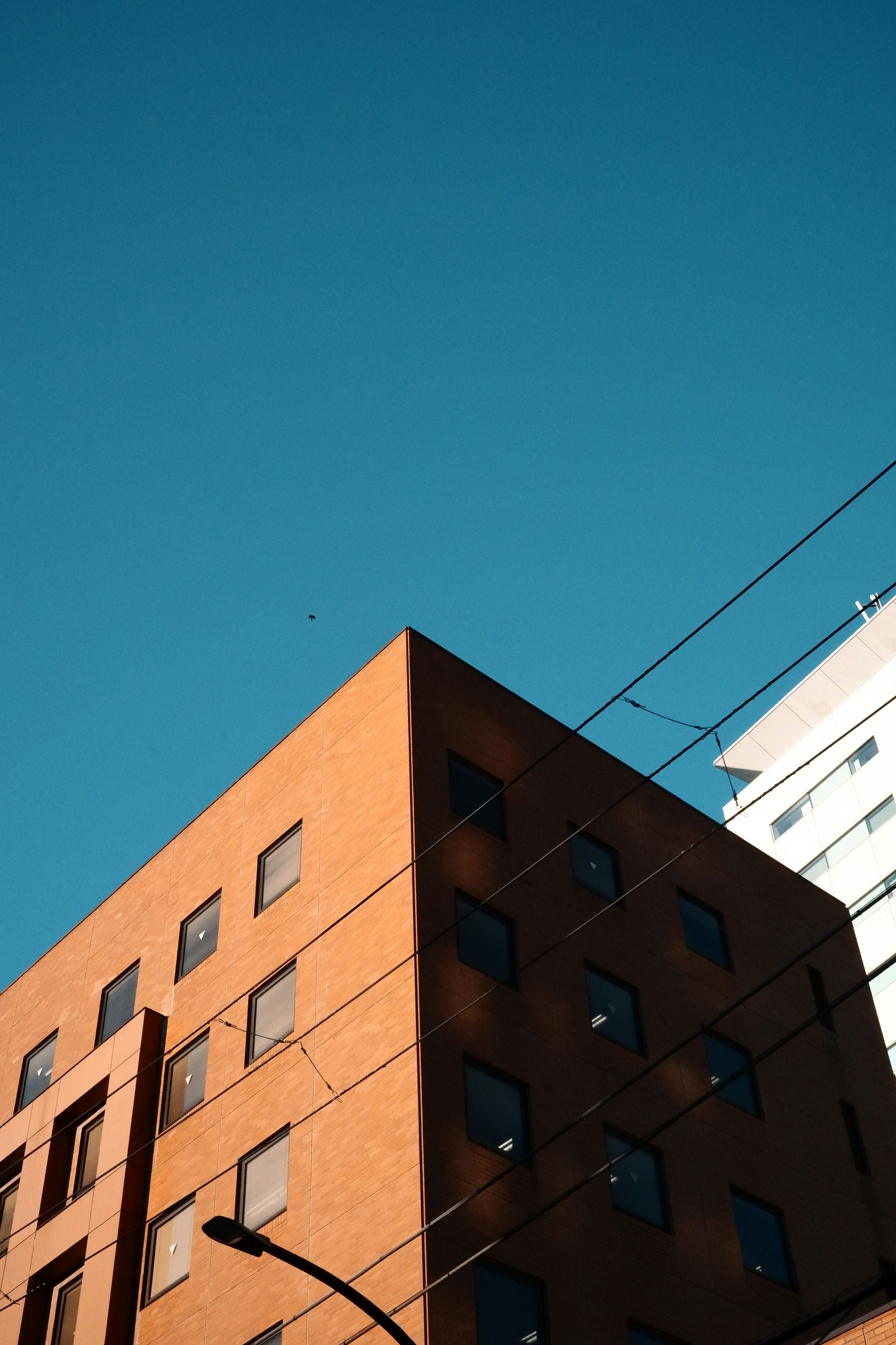 Obere Hälfte eines orangefarbenen Gebäudes unter einem blauen Himmel mit einem nahegelegenen weißen Gebäude