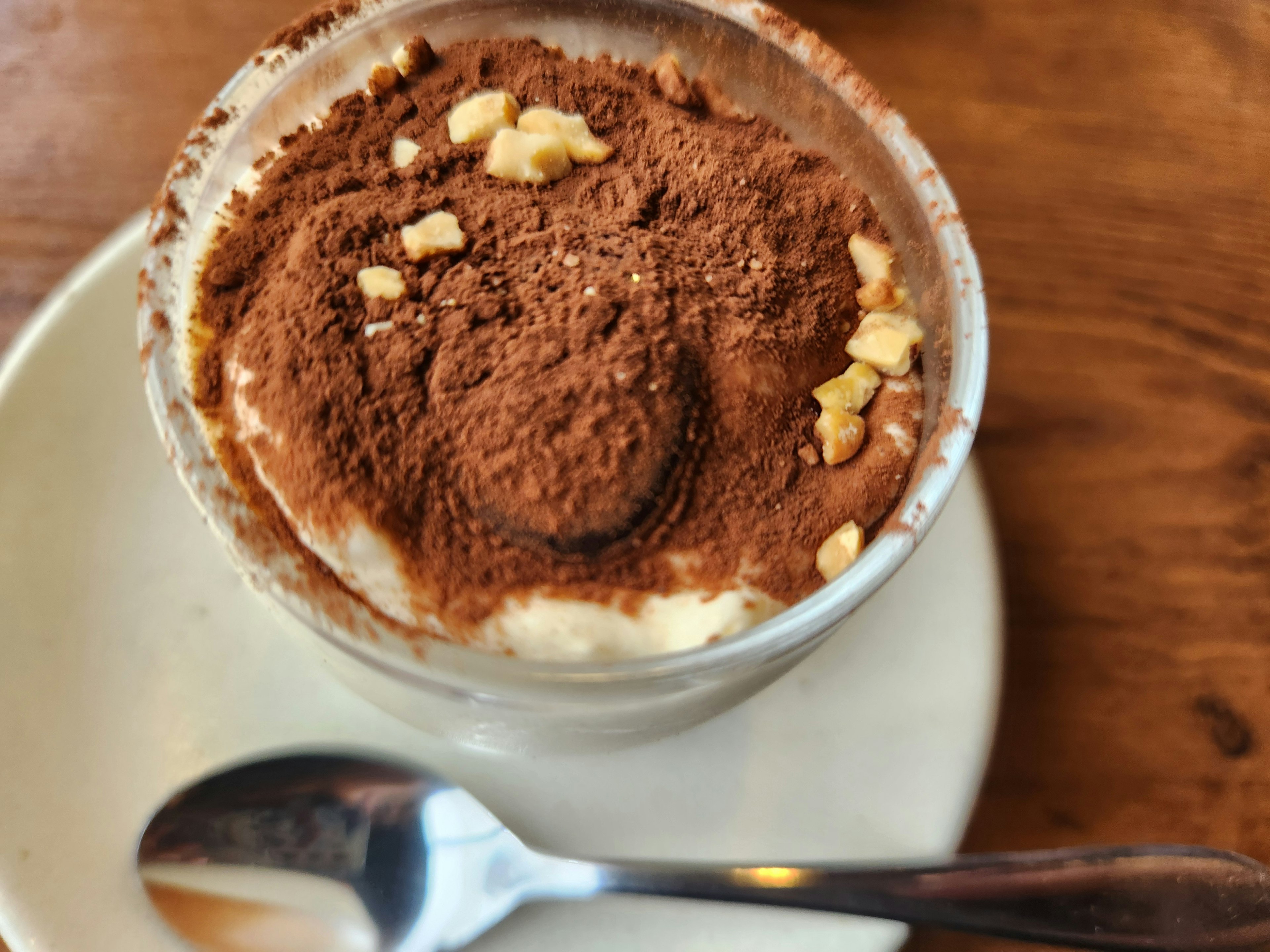 Creamy dessert topped with chocolate powder and nuts