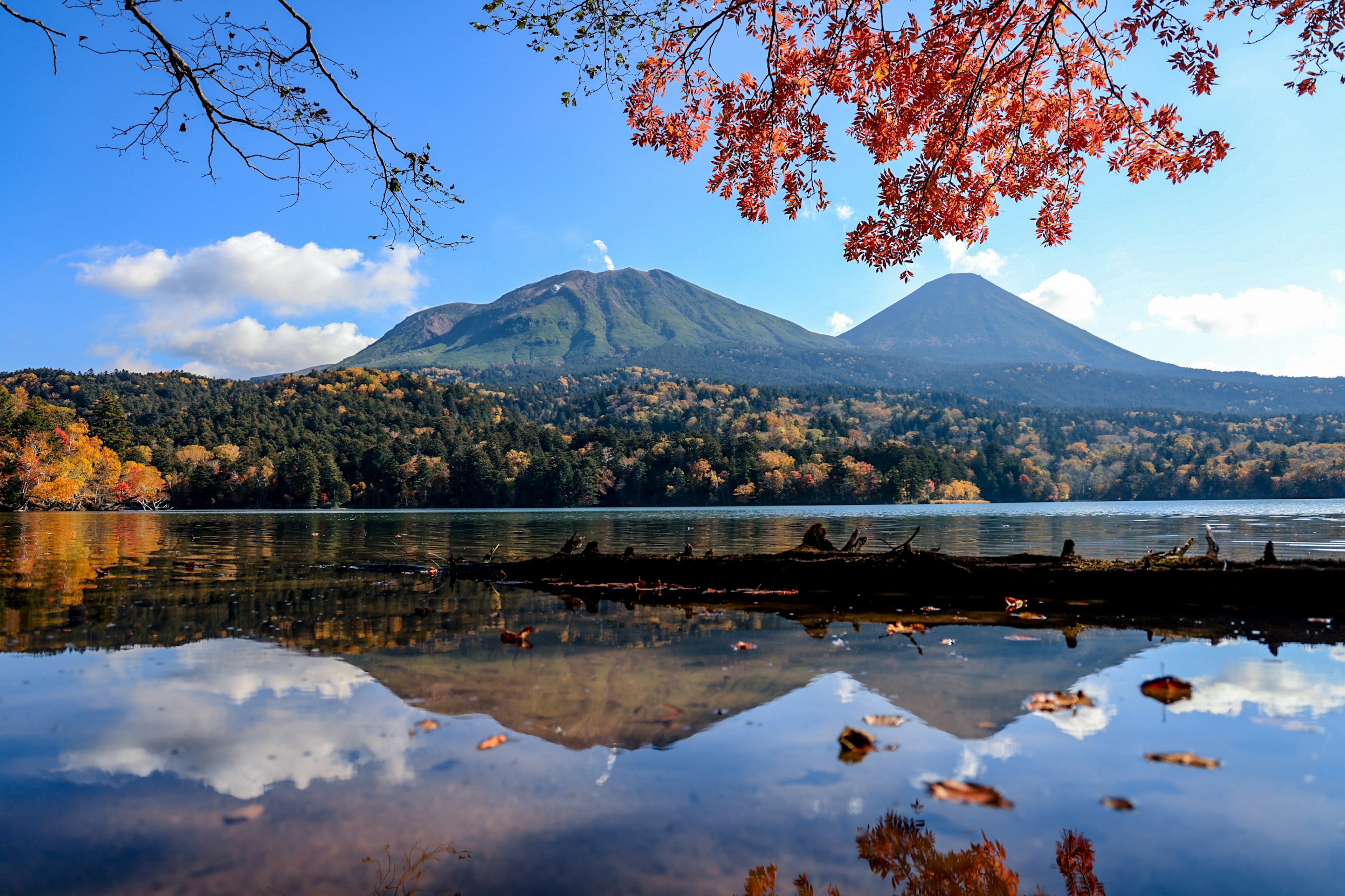 美しい湖と山々の風景に、秋の紅葉が映える