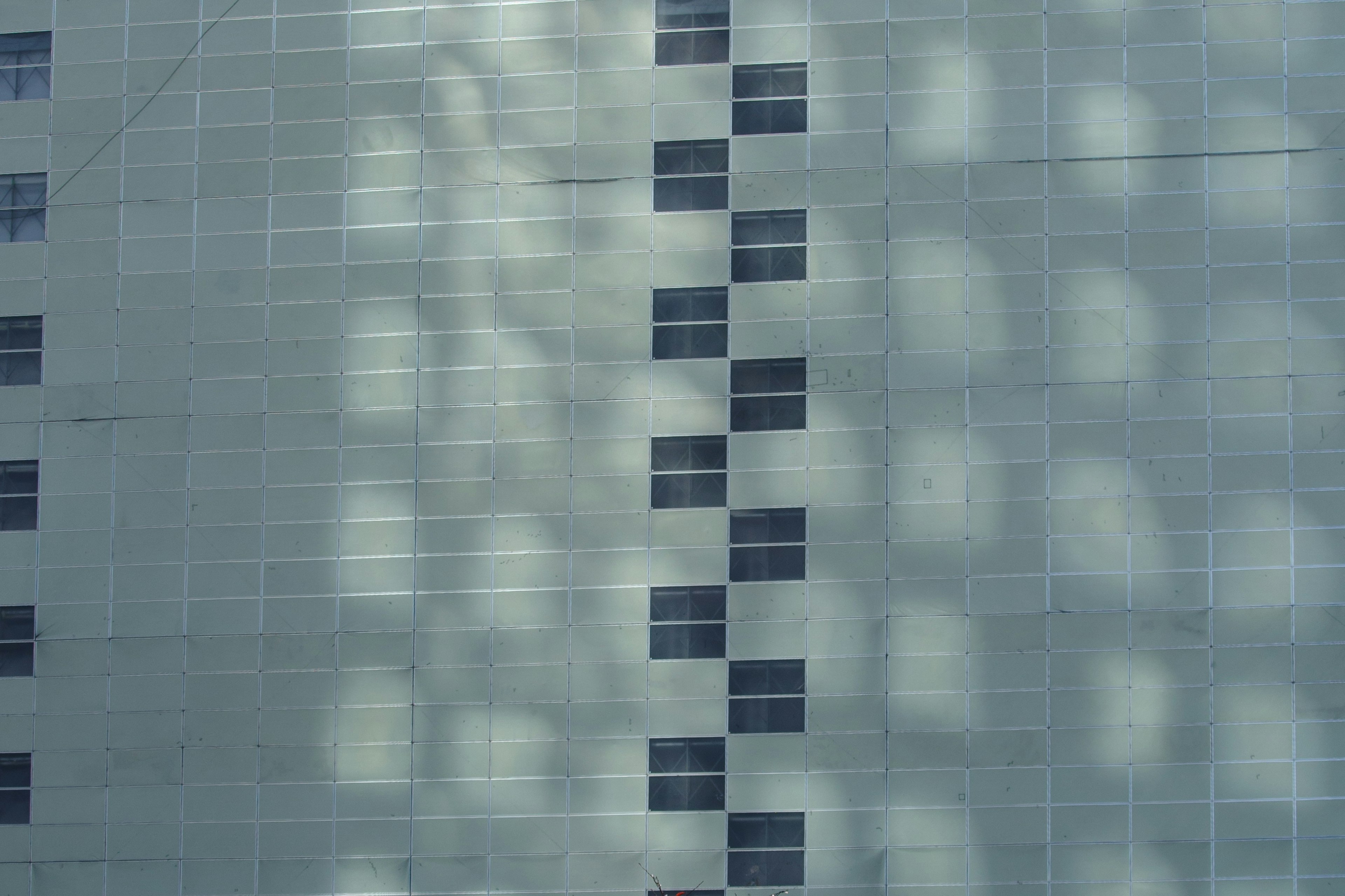 Green building wall with window patterns and reflections