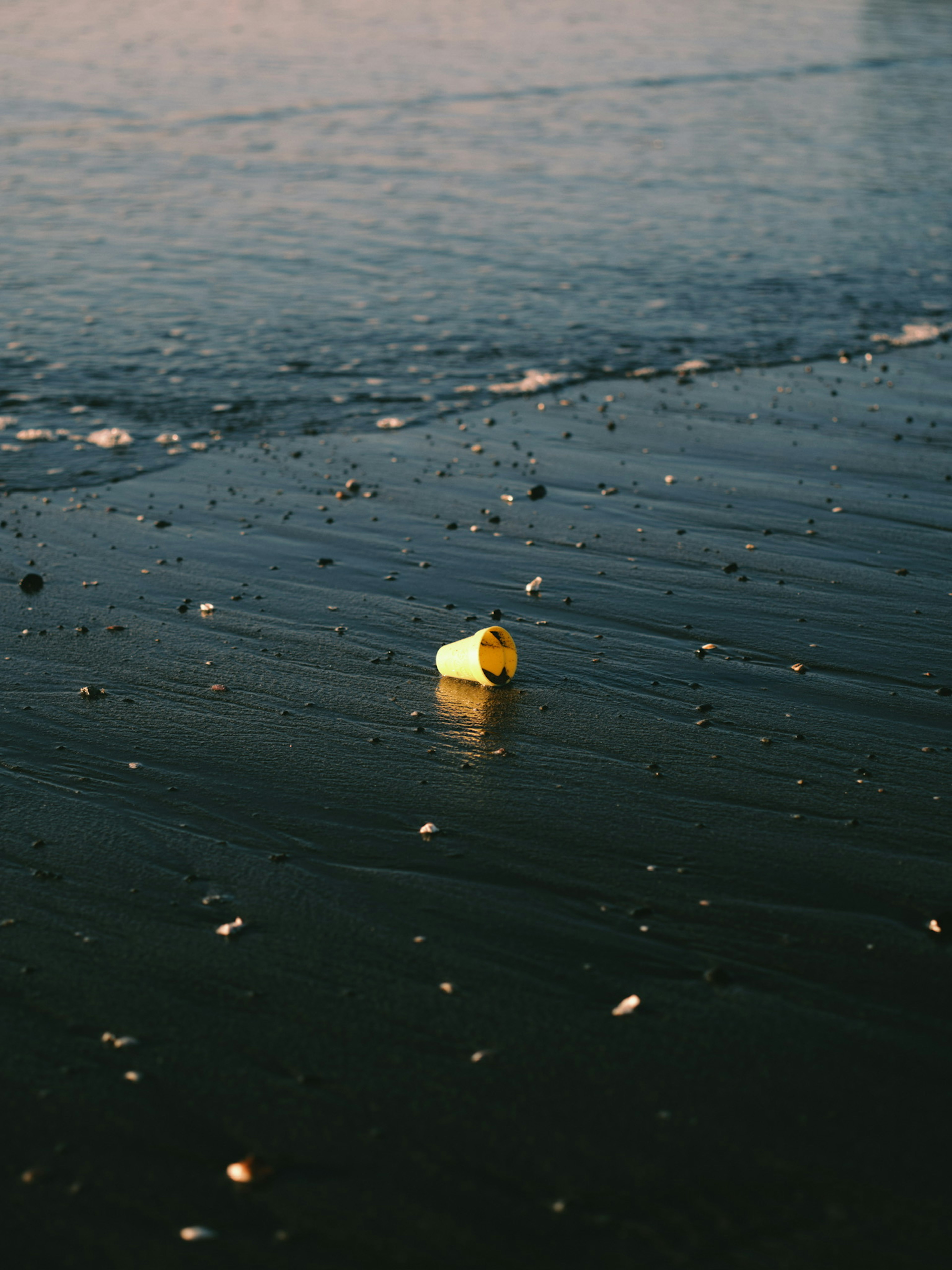 Ein gelber Becher, der am Strand mit Muscheln im Sand treibt