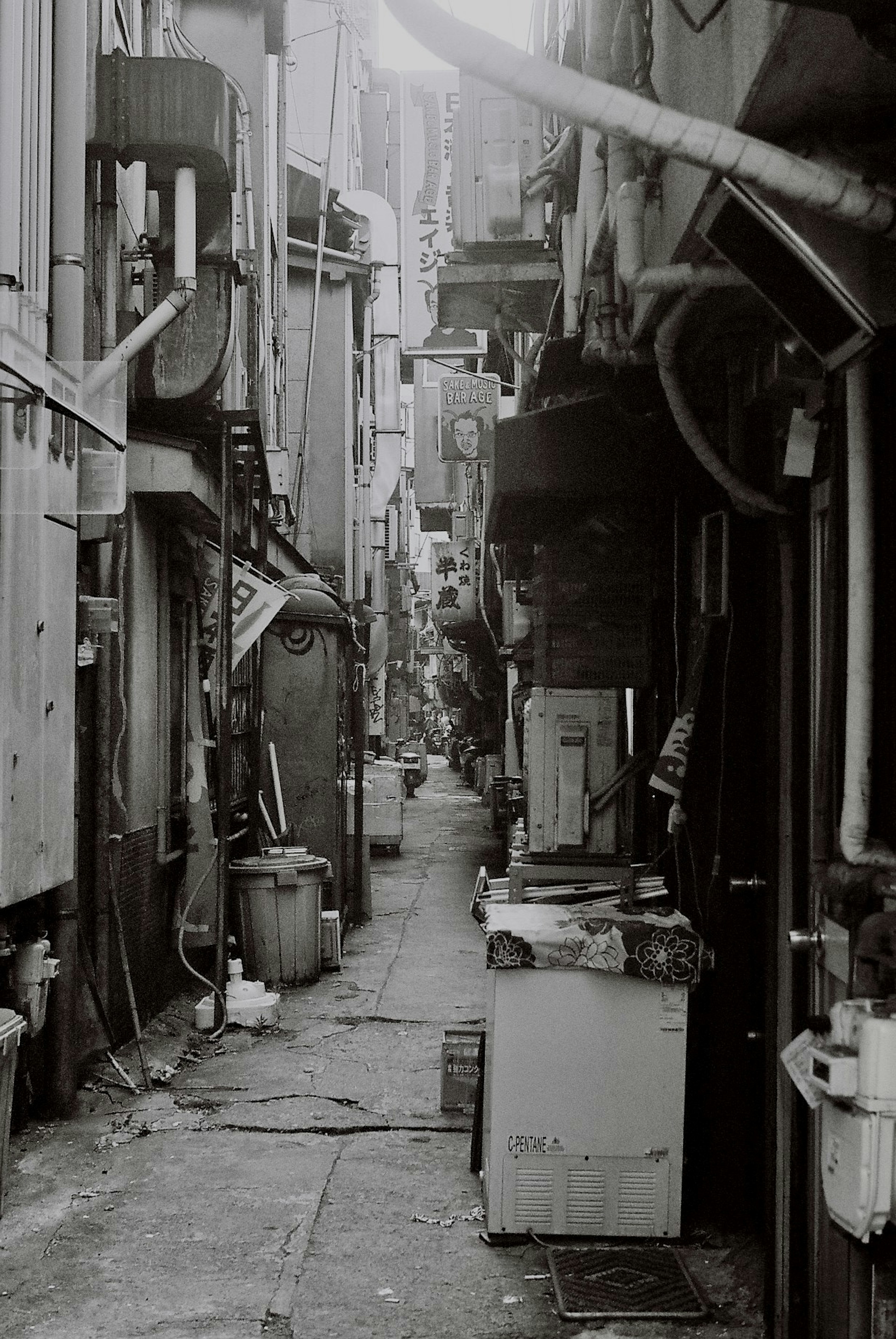 Narrow alley with old buildings and trash bins