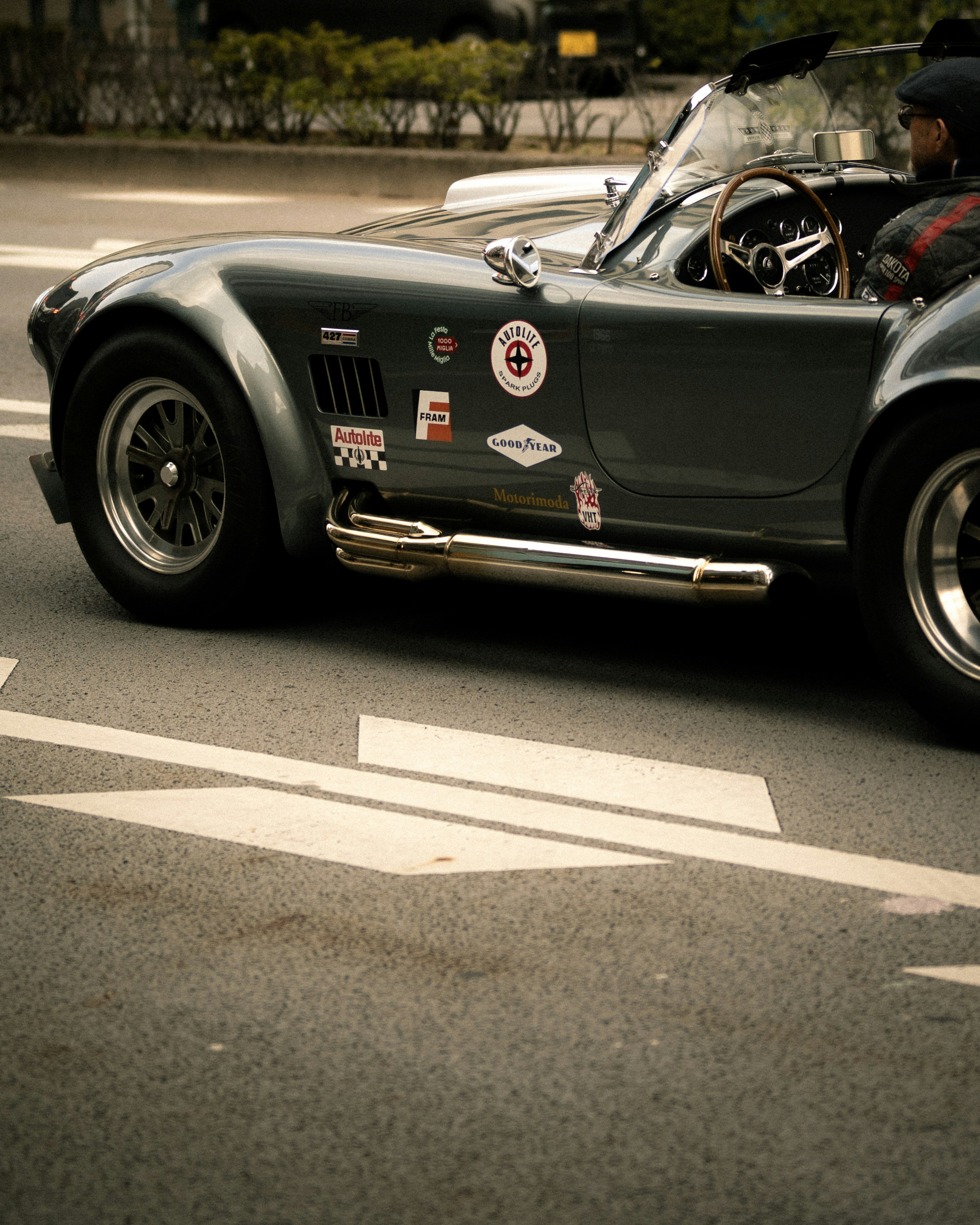 Auto sportiva grigia con emblemi e distintivi sul lato