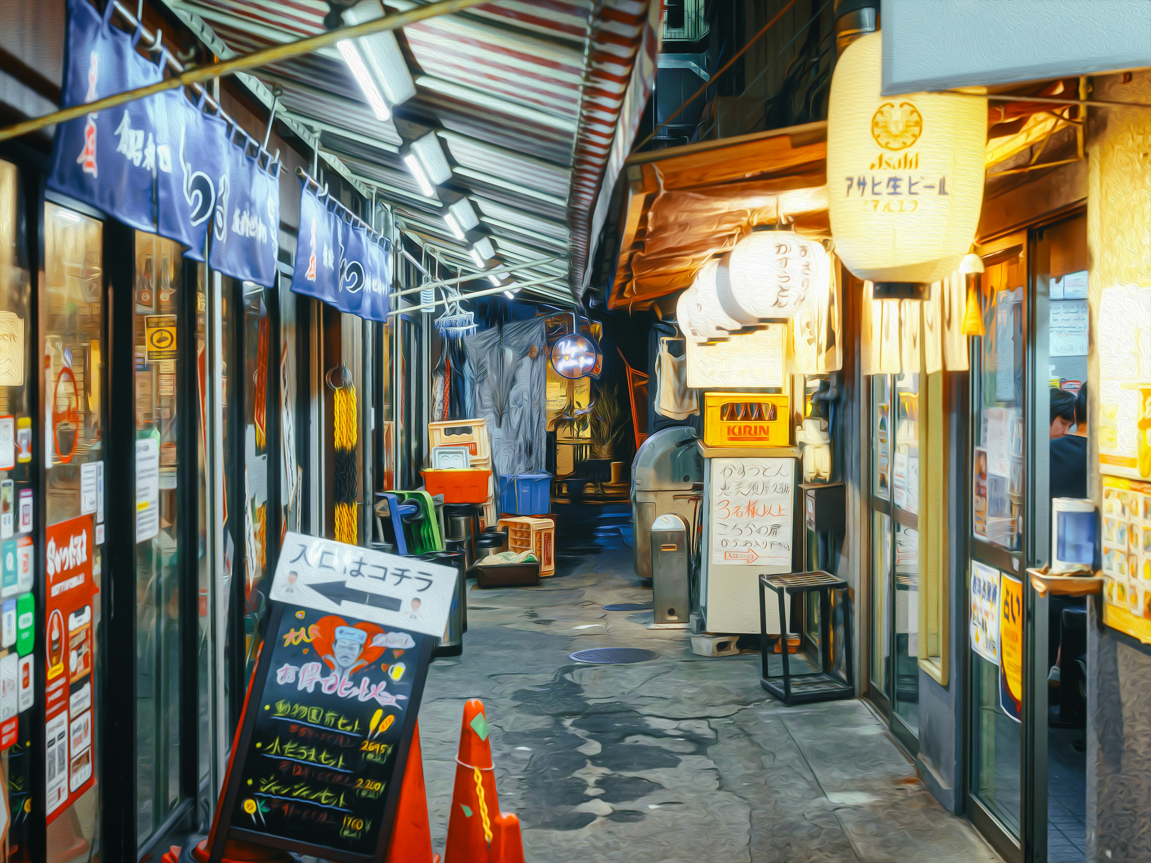 狭い路地に並ぶ飲食店の看板と明かりがある夜の風景