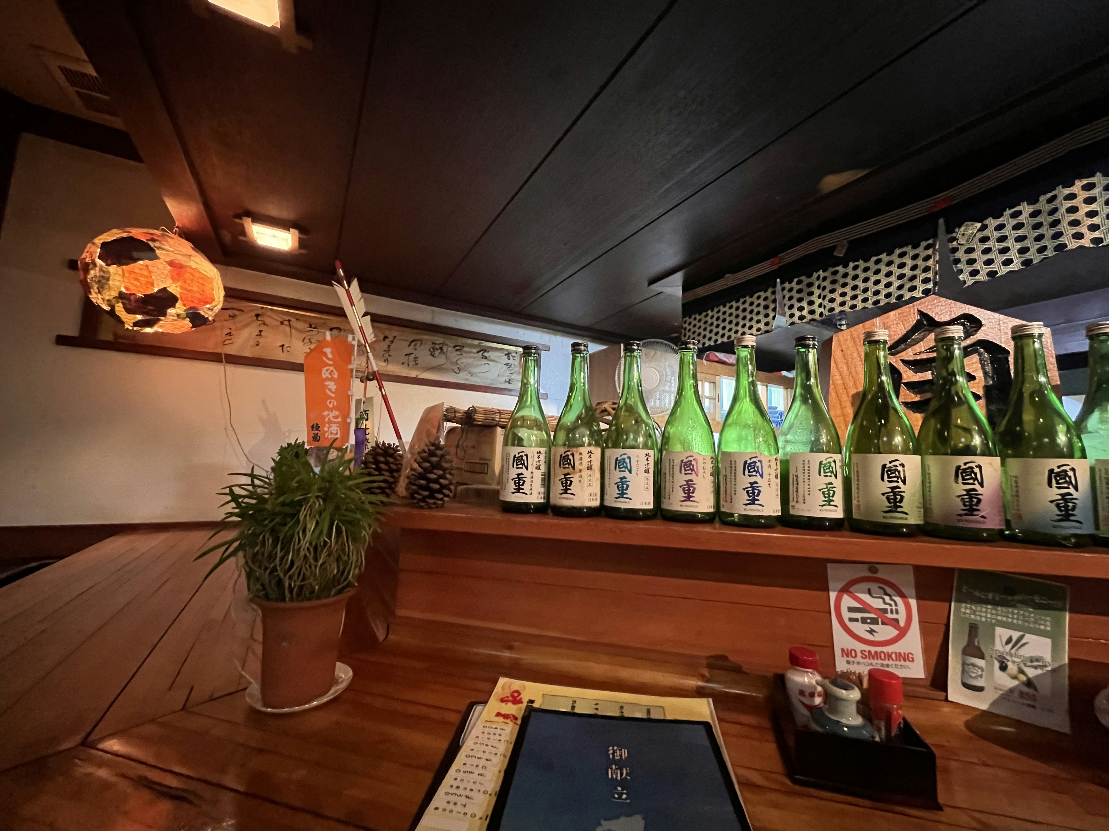 Sake bottles lined up on a counter with a potted plant