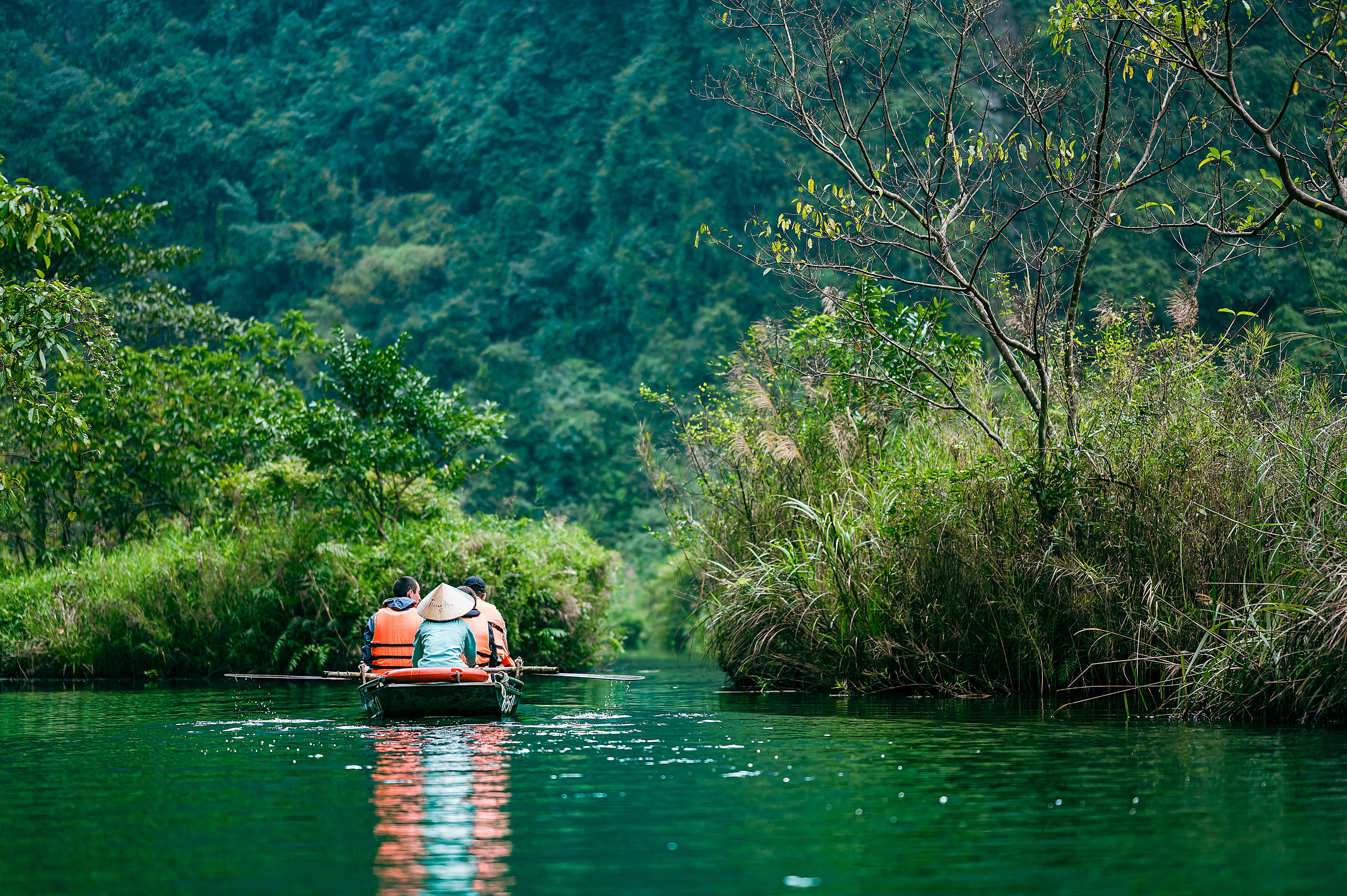 Boat paddling on a green river surrounded by lush vegetation