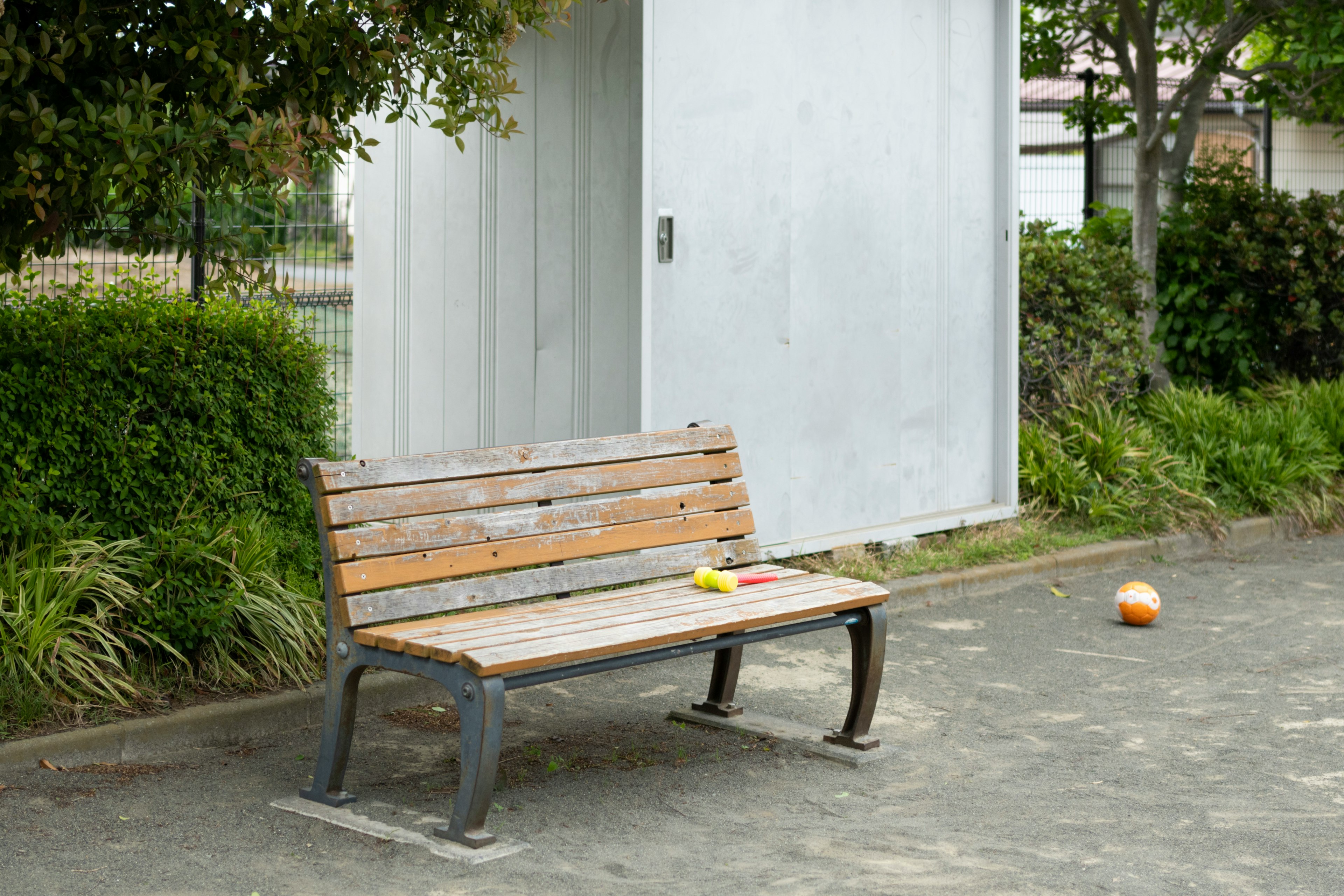 Banc de parc avec des plantes environnantes et une balle orange à proximité