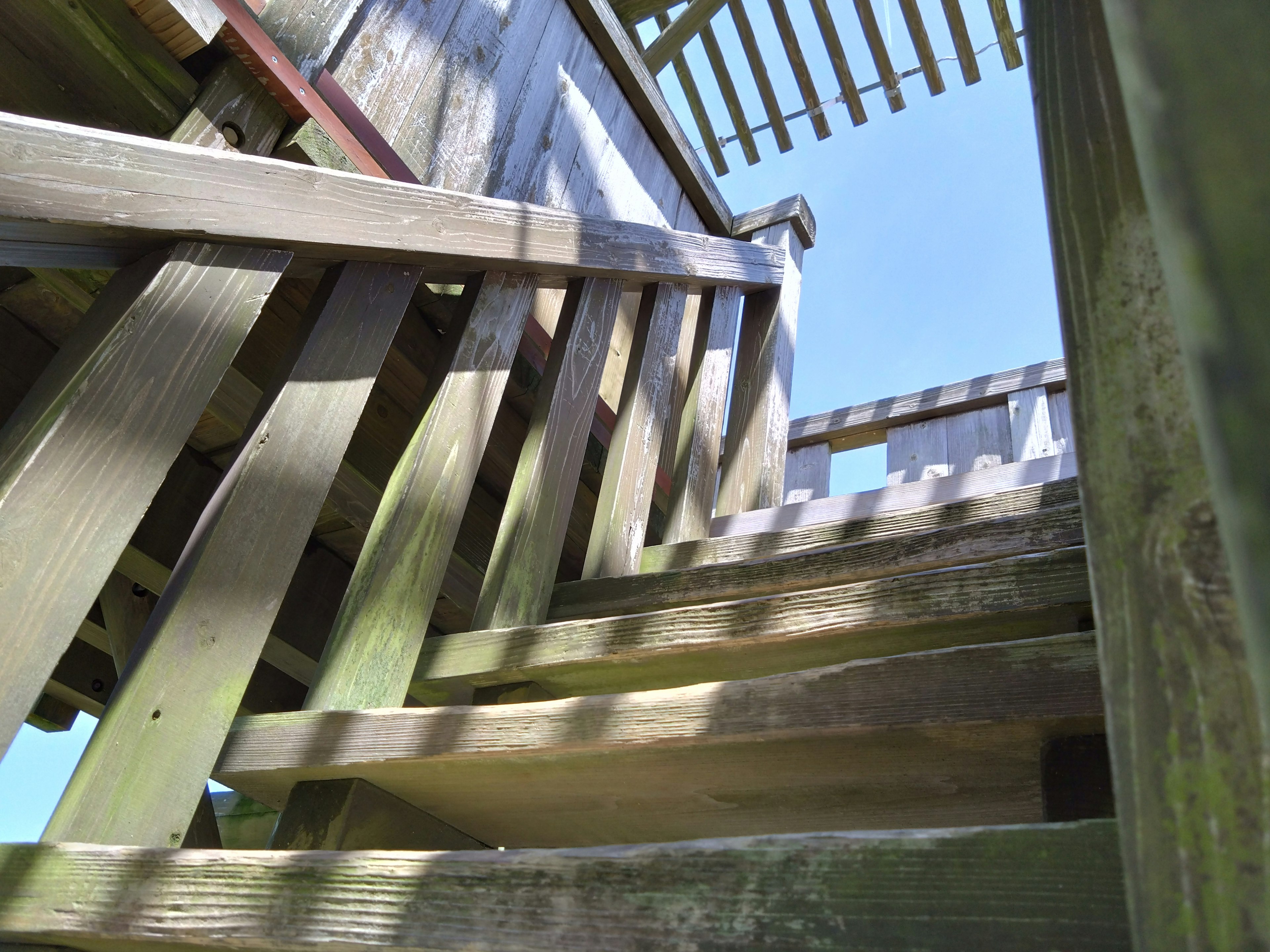 Photo of wooden stairs viewed from below featuring wooden railings and blue sky