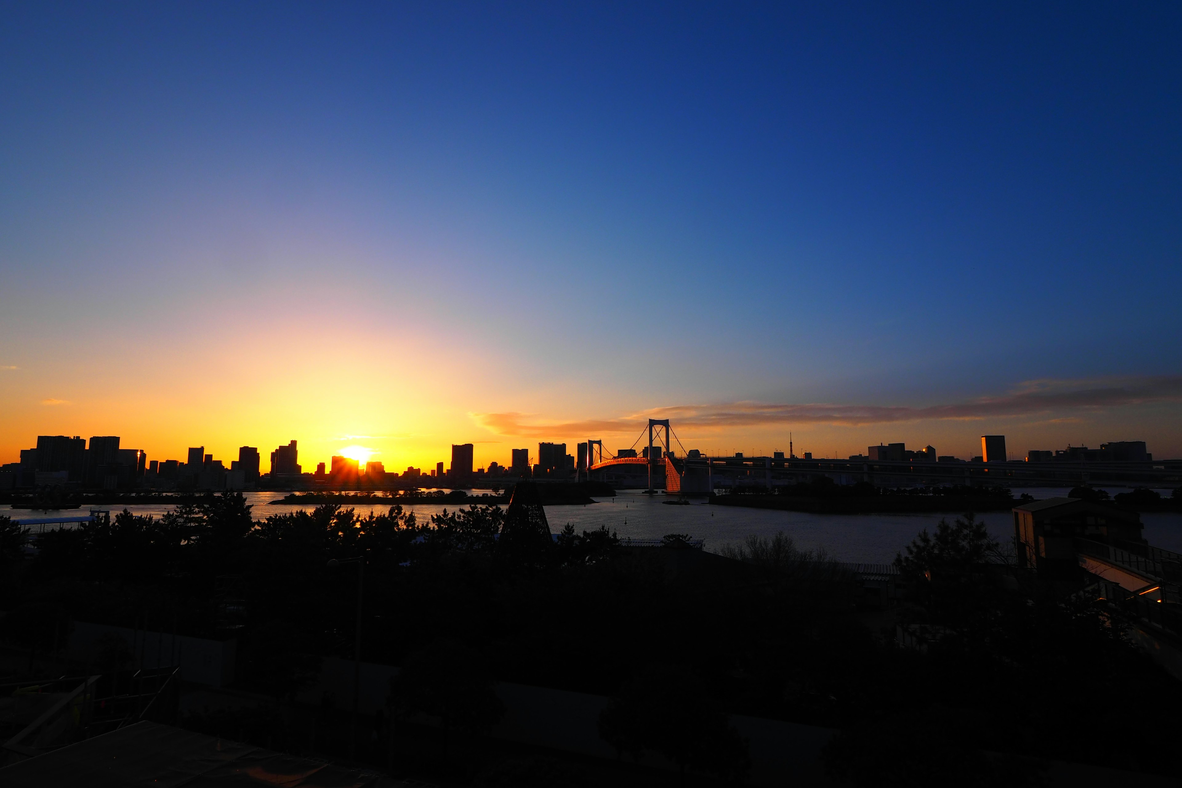 Stupendo paesaggio con silhouette della città al tramonto