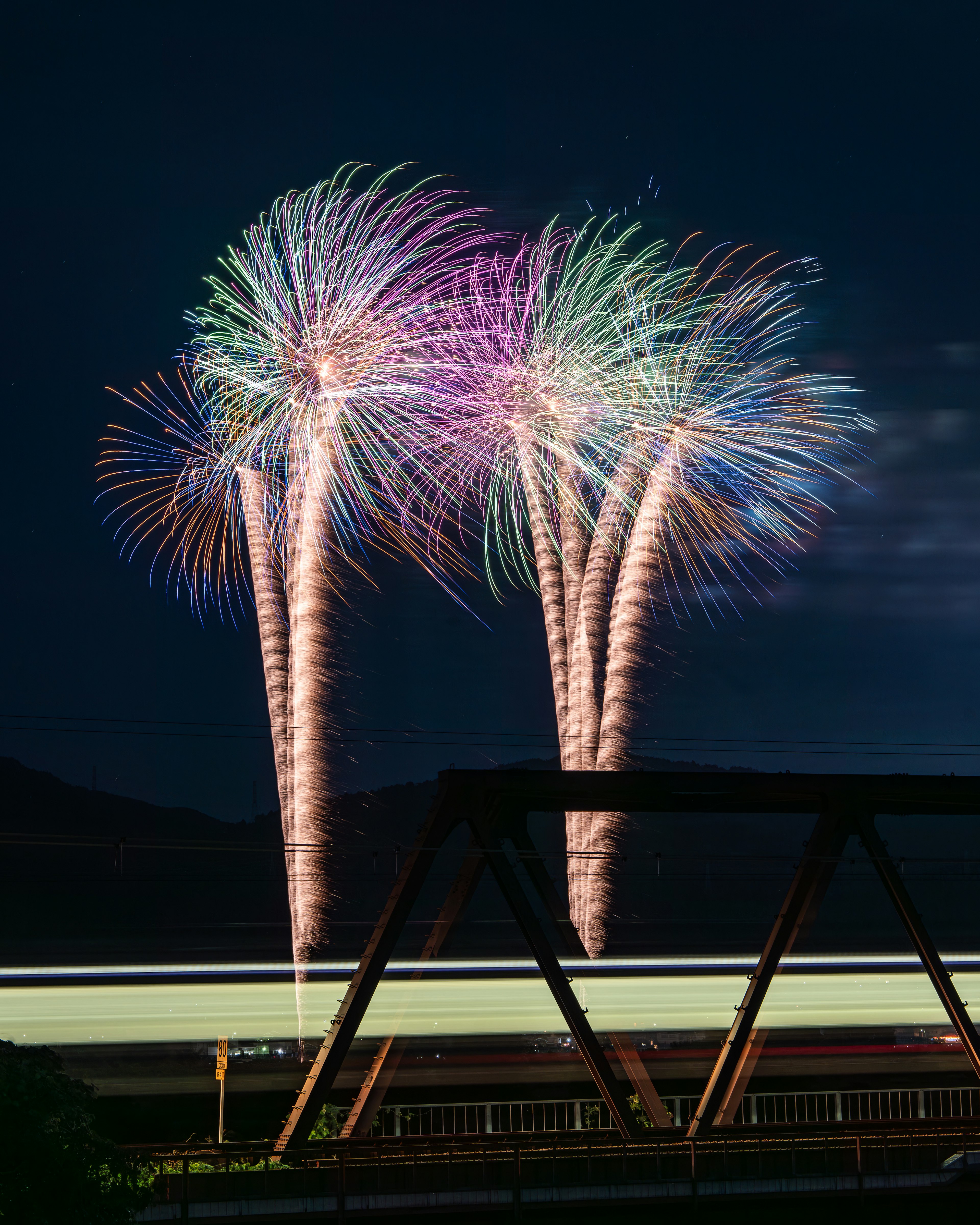 夜空に咲くカラフルな花火が2つの大きな花のように広がる