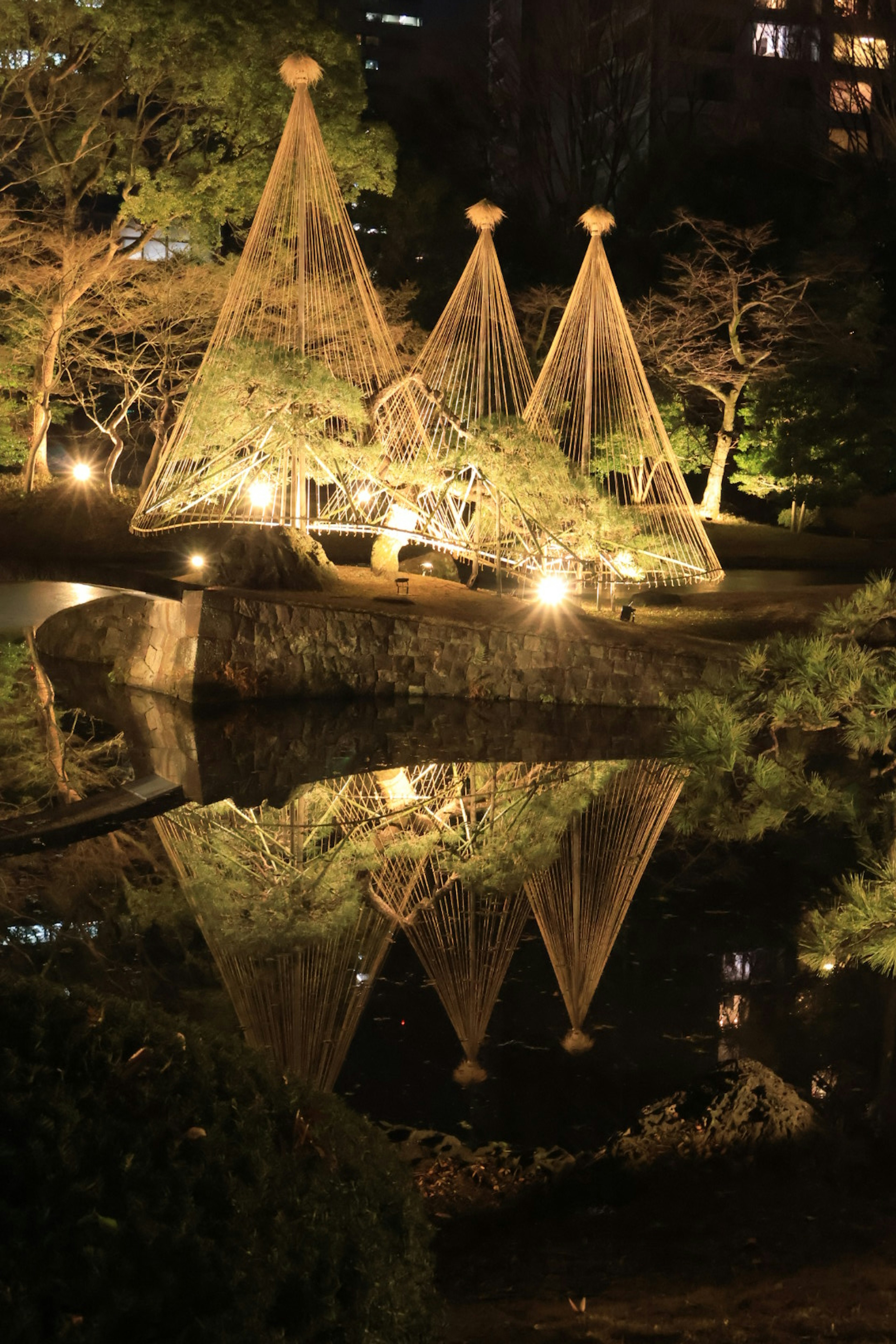 Pemandangan malam yang indah dari taman Jepang dengan tiga dekorasi berbentuk pohon yang diterangi yang memantul di kolam