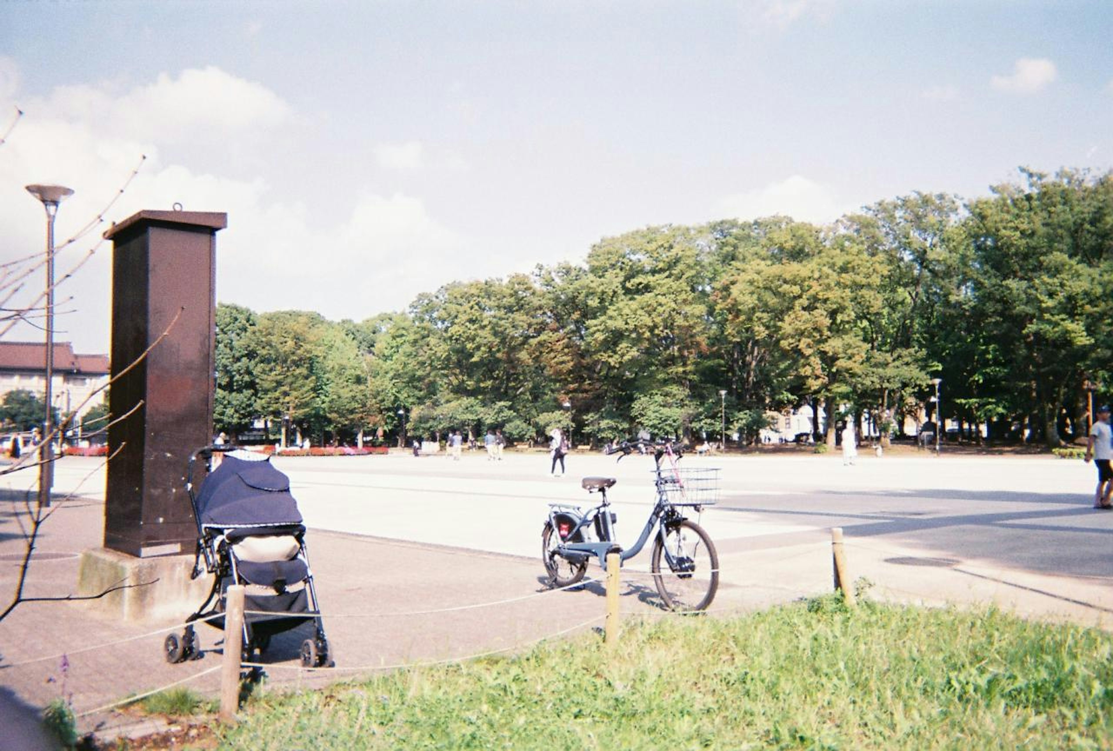 公園のベンチに座る人と自転車がある風景