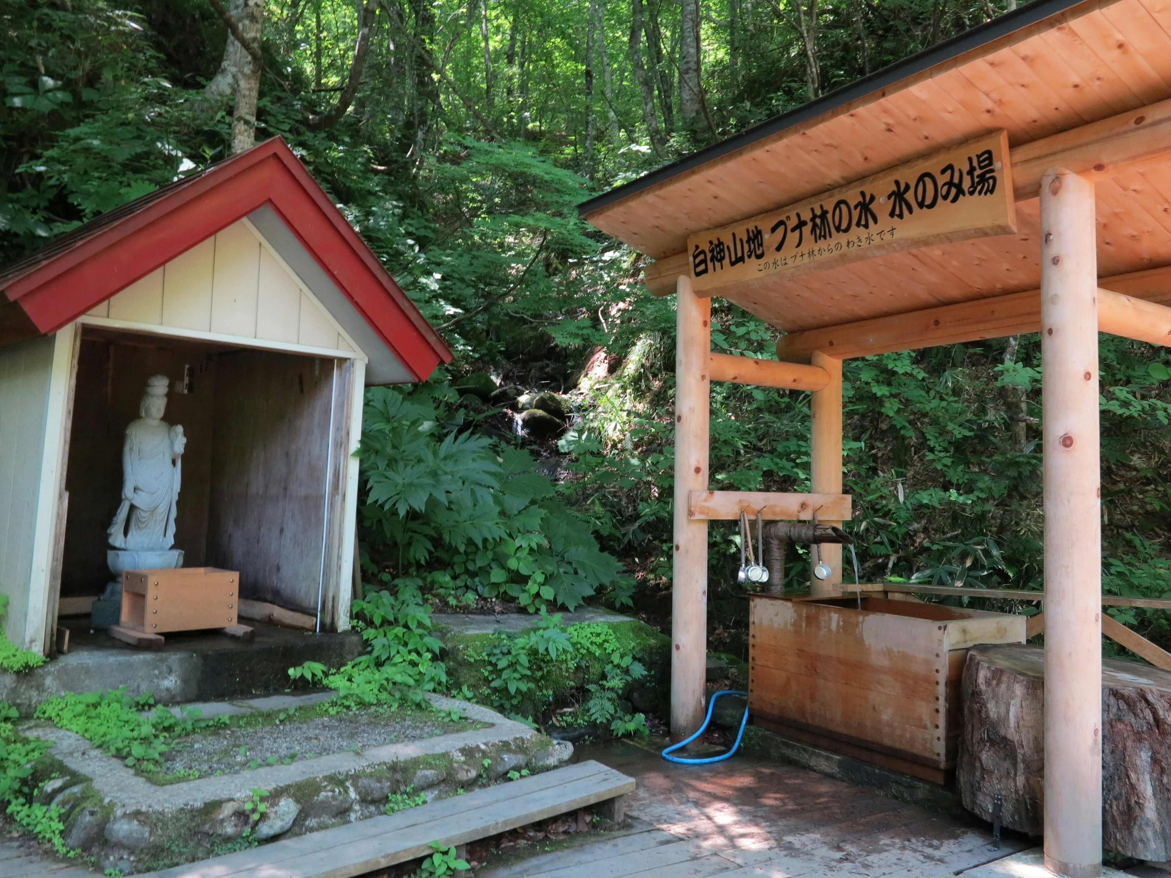 A serene landscape featuring a statue in a small shelter and a water basin in a forest