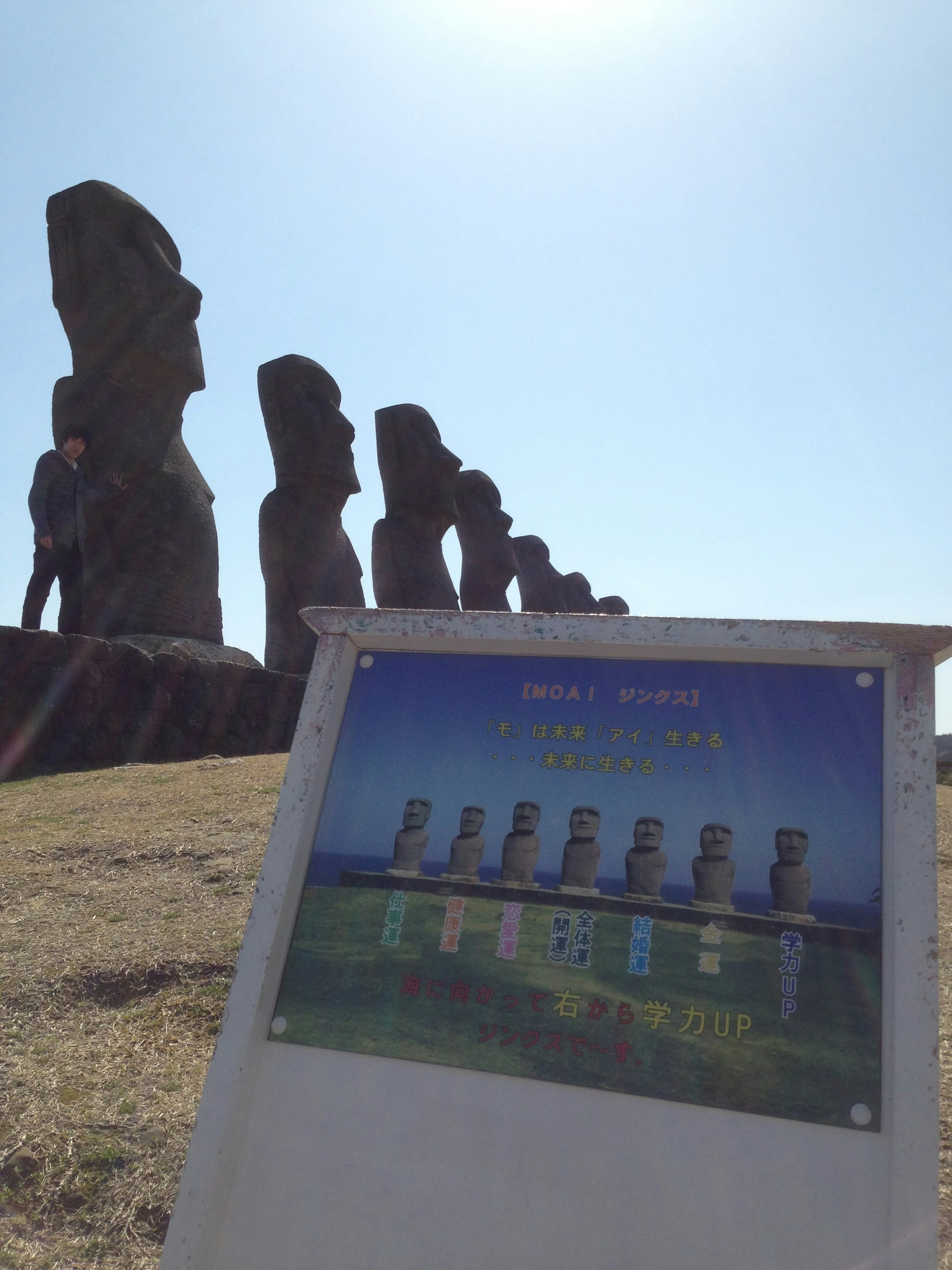 Statues Moai avec un panneau d'information