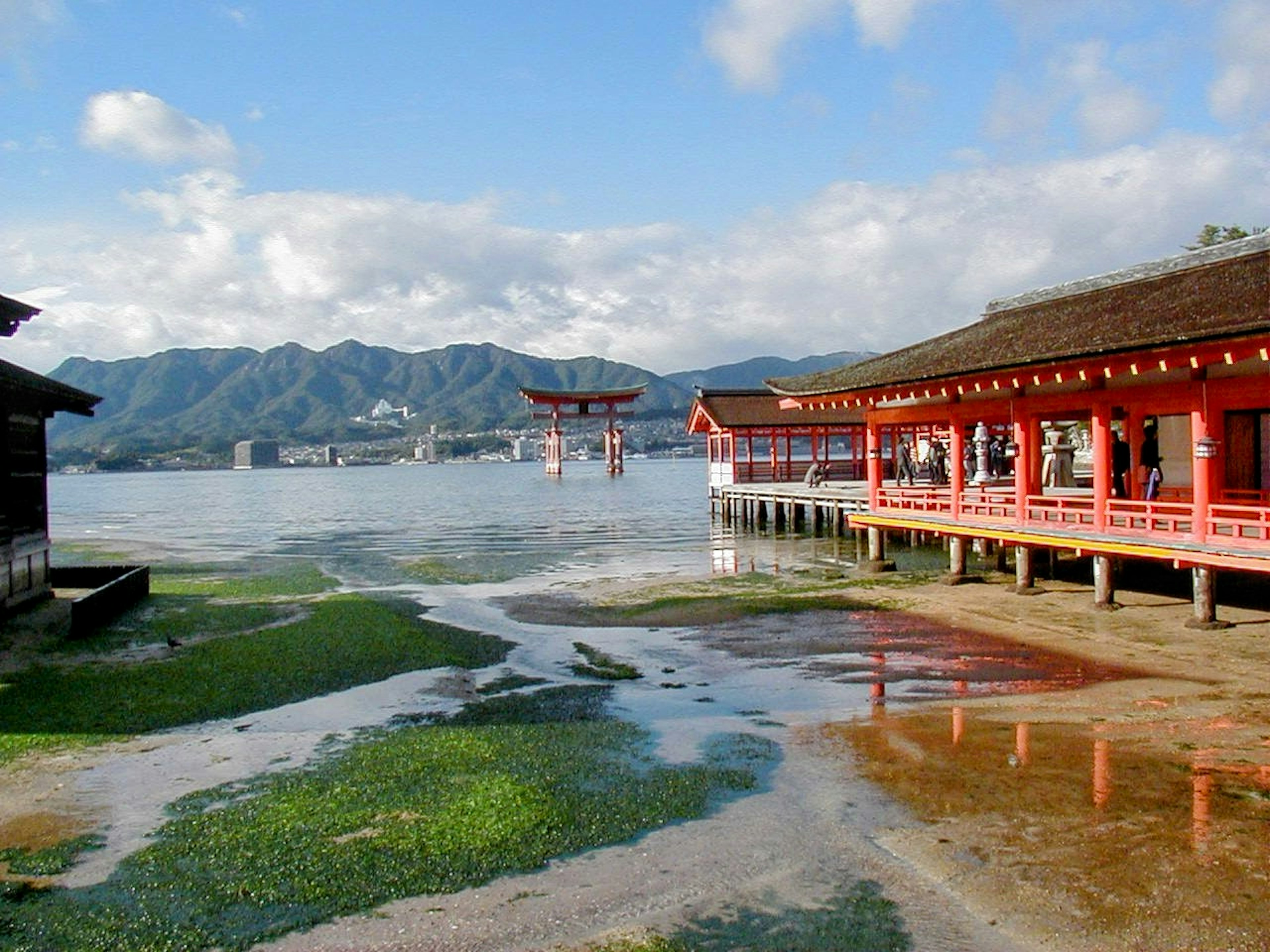 厳島神社の赤い鳥居と水辺の景色を背景にした美しい風景