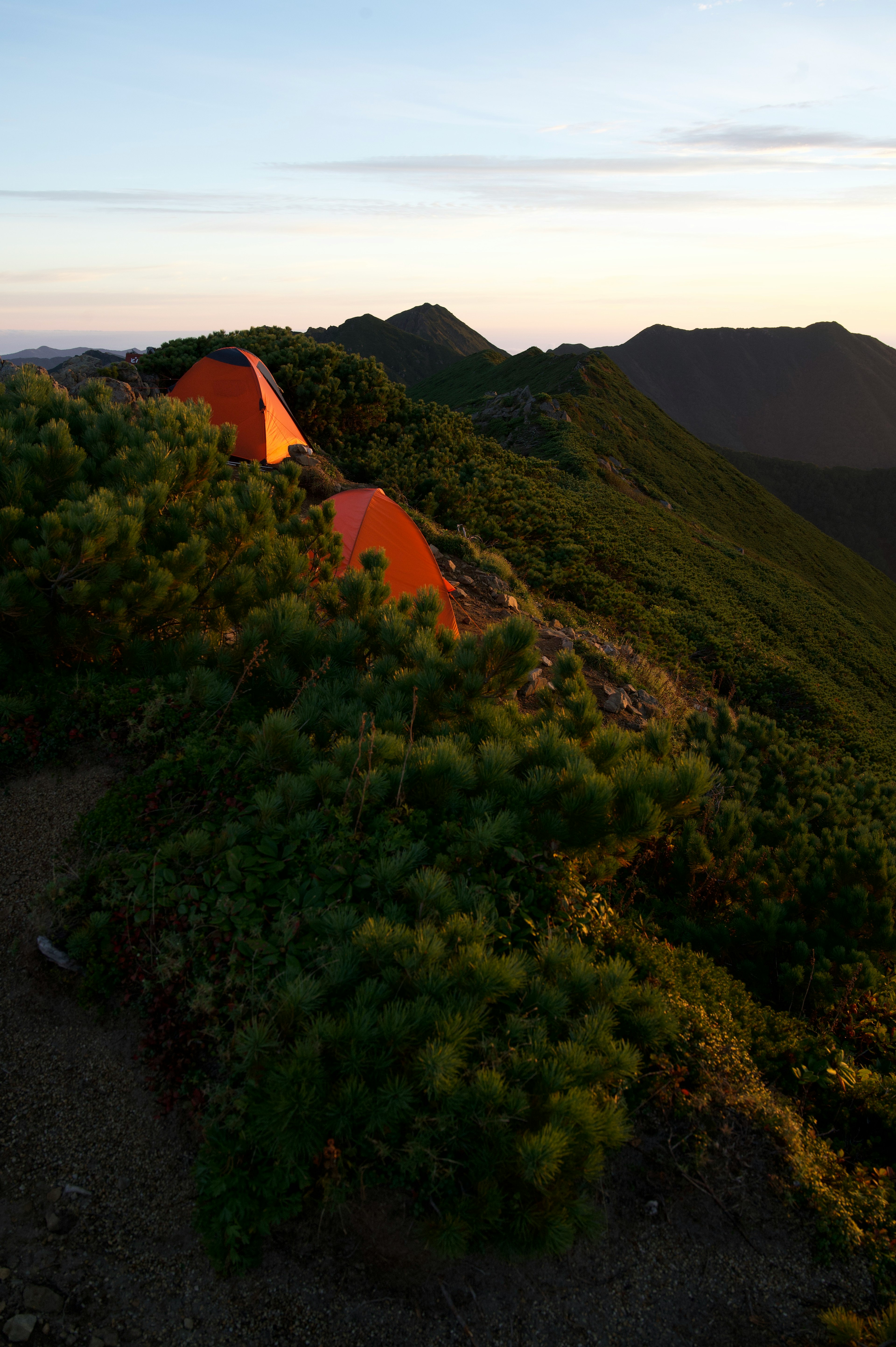 Paisaje con carpas naranjas a lo largo de una cresta montañosa y vegetación verde