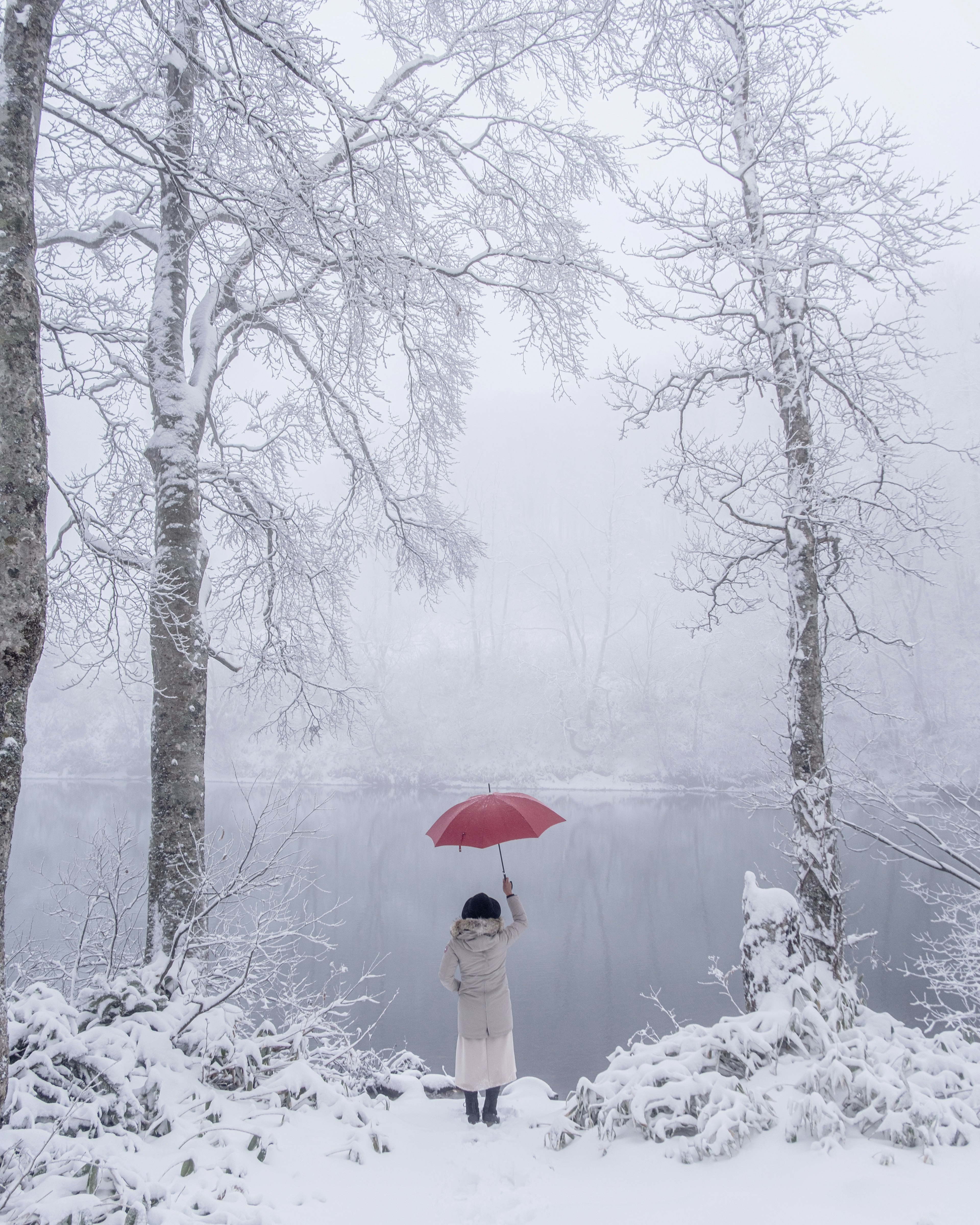 Frau mit einem roten Regenschirm in einer verschneiten Landschaft