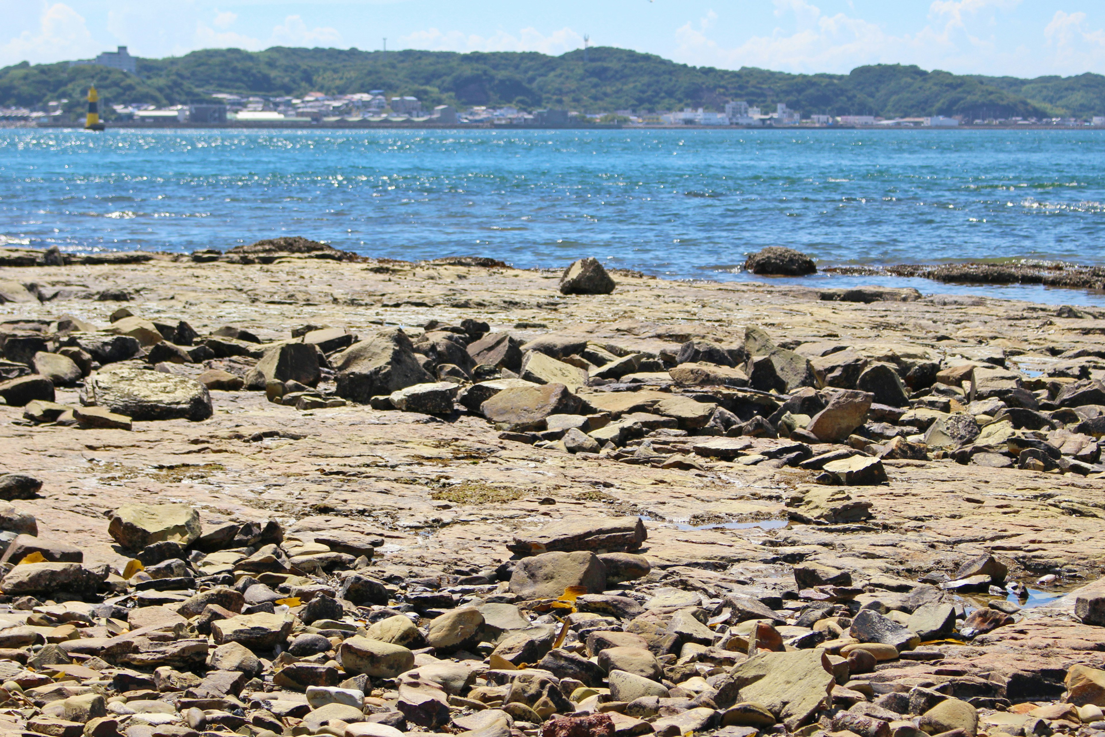 Rocky shoreline with blue ocean in the background