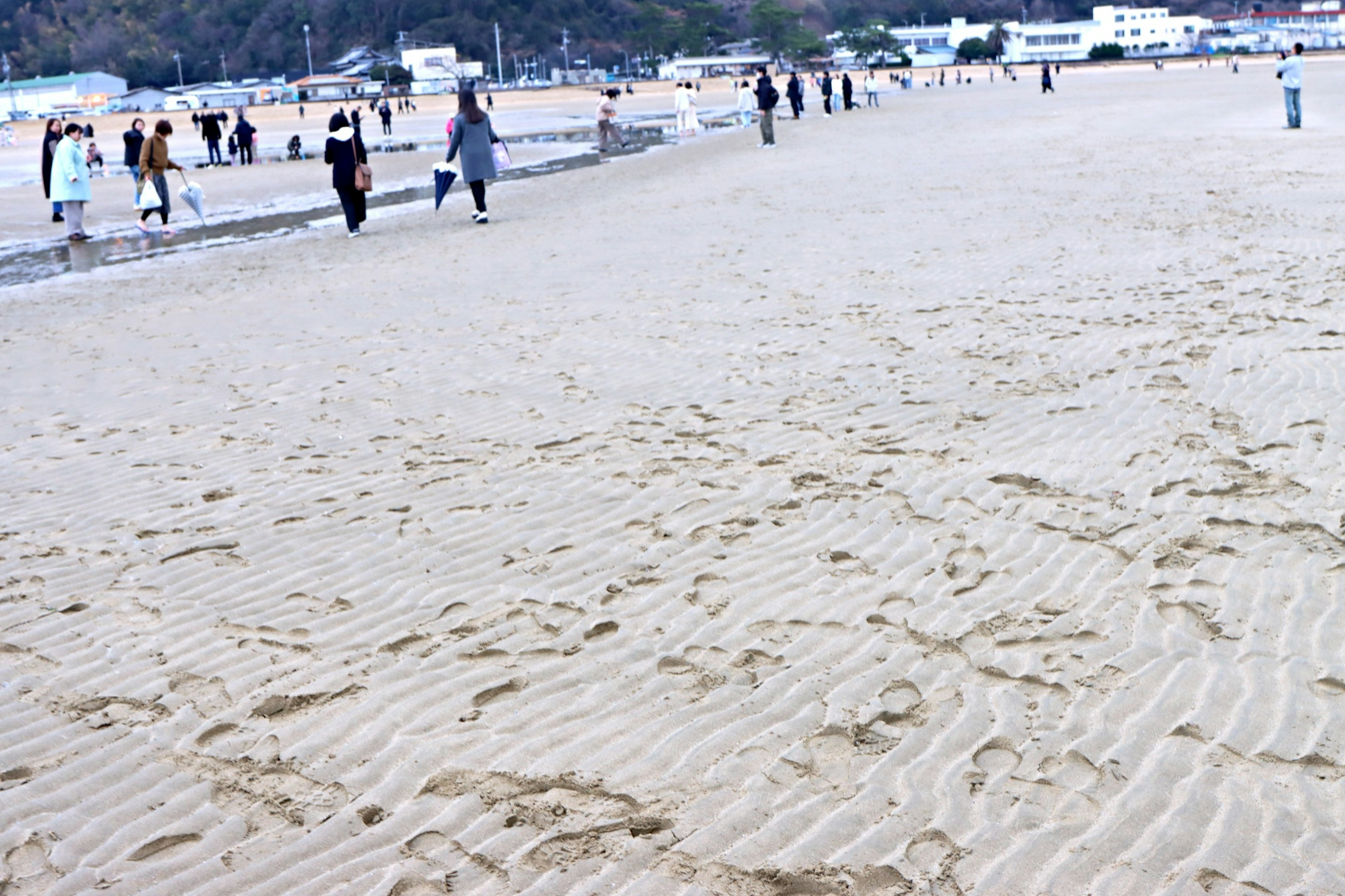 Escena de playa con personas caminando sobre la arena y patrones de olas