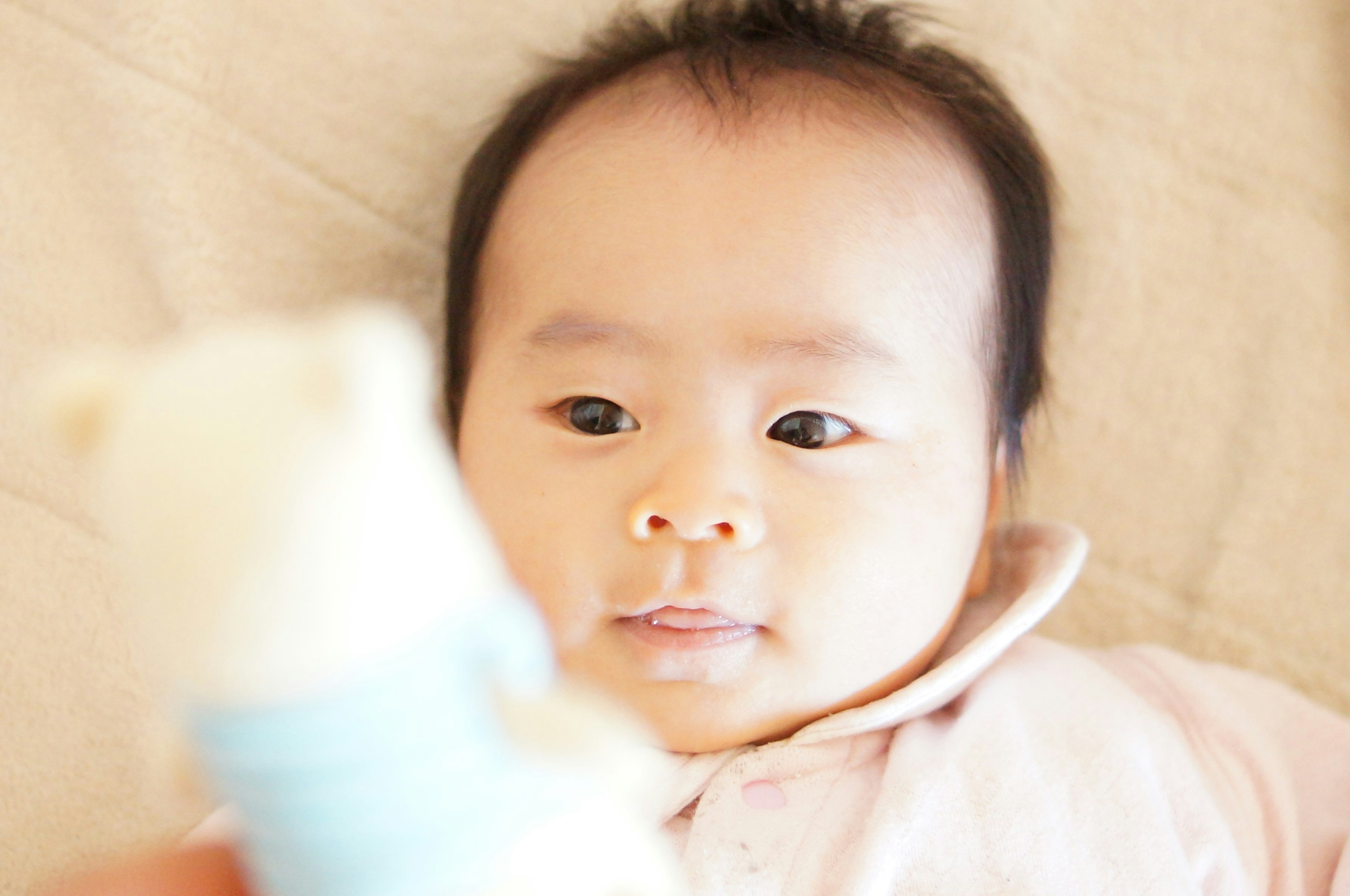 A baby gazing at a soft toy