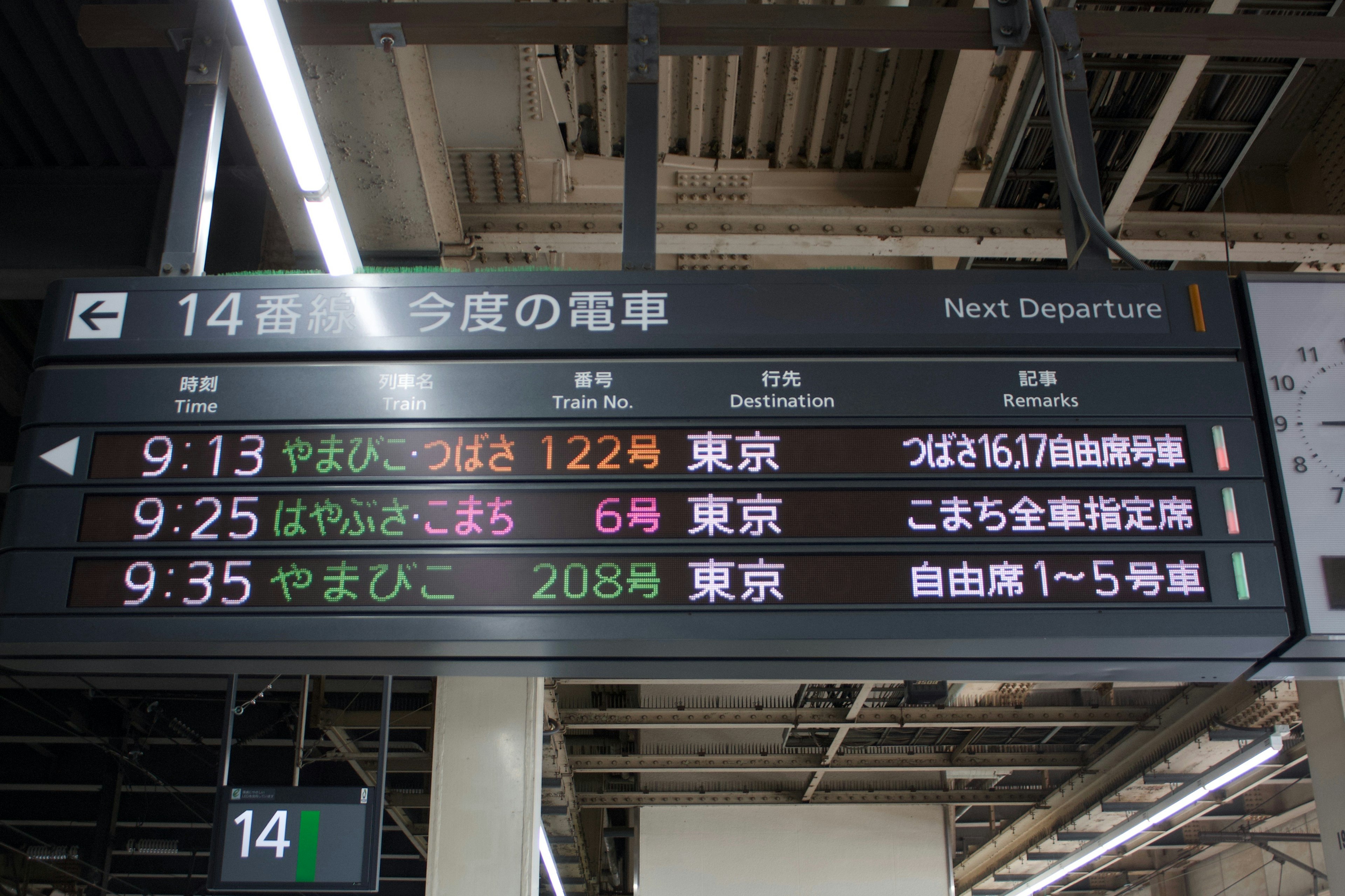 Panneau numérique affichant l'horaire des trains pour Tokyo