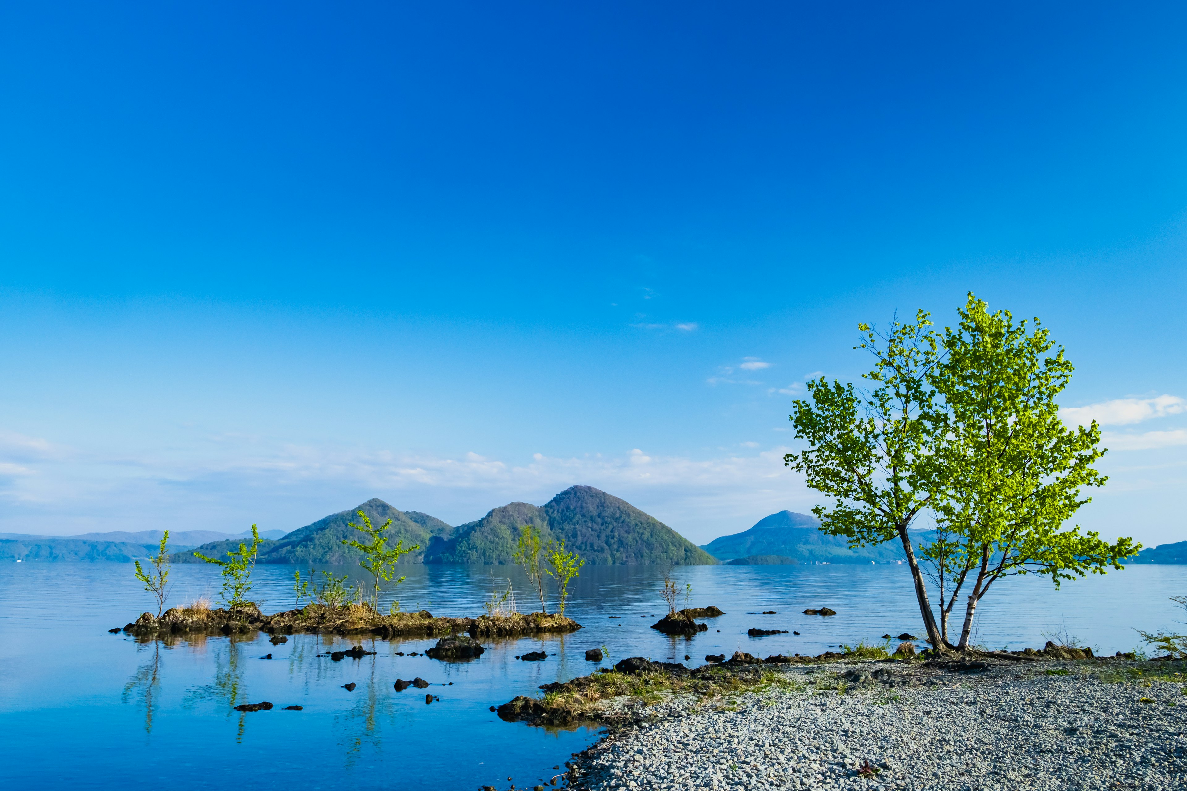 Un paysage serein avec un ciel bleu et une eau calme comportant de petites îles et des arbres verts