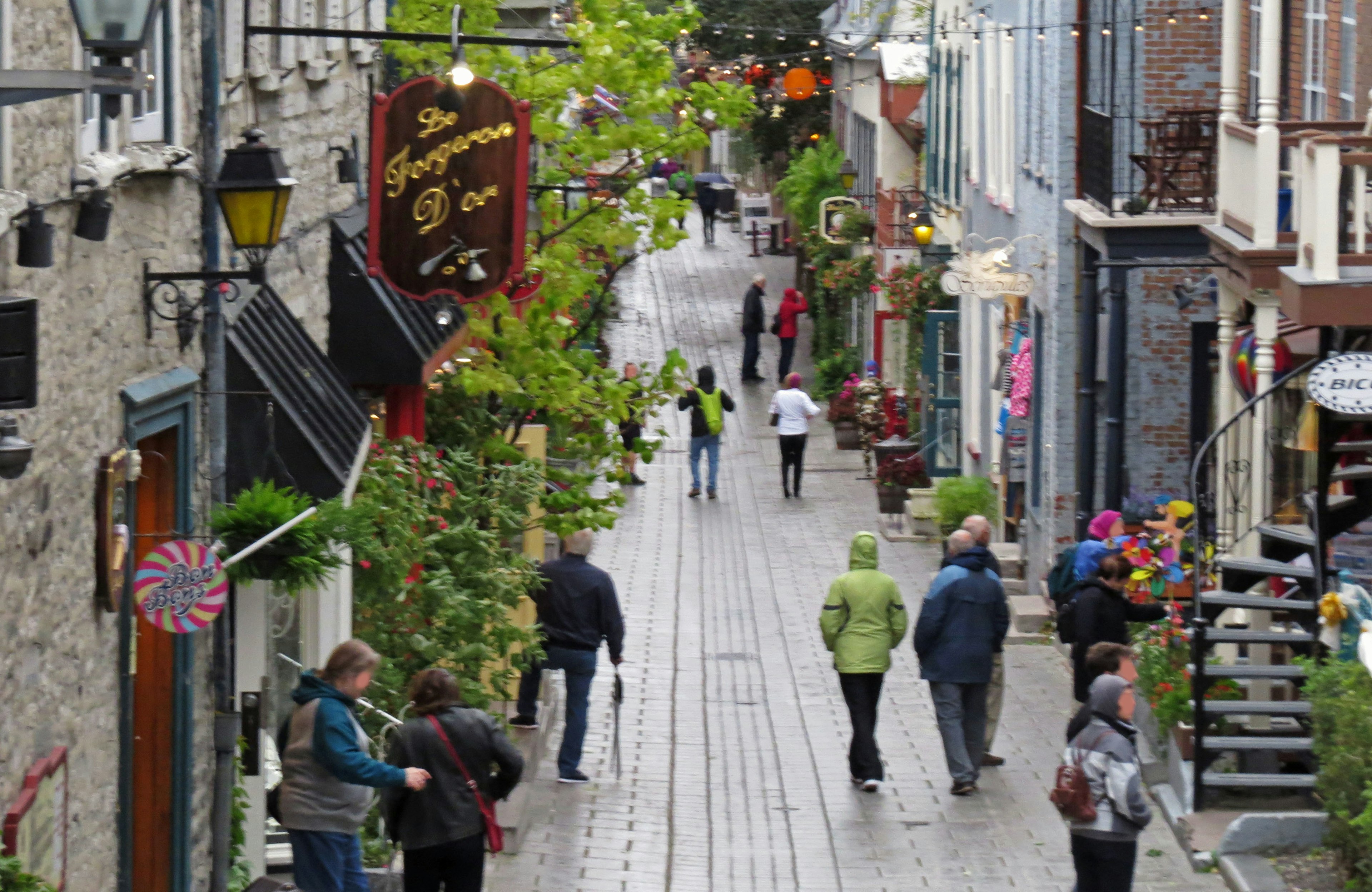 Busy street scene with people walking along a cobblestone path lined with shops and greenery