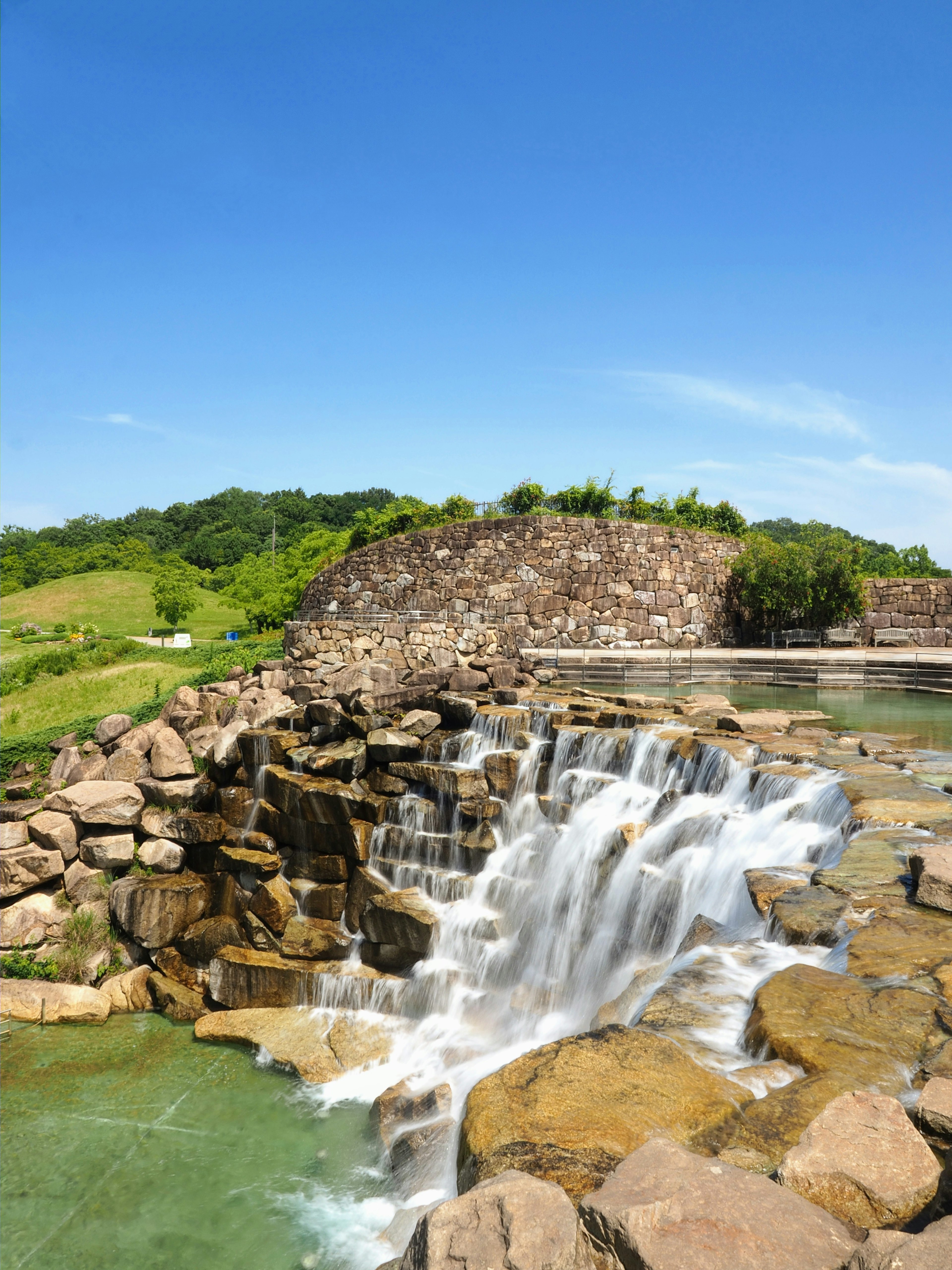 Beautiful waterfall cascading over rocks under a clear blue sky