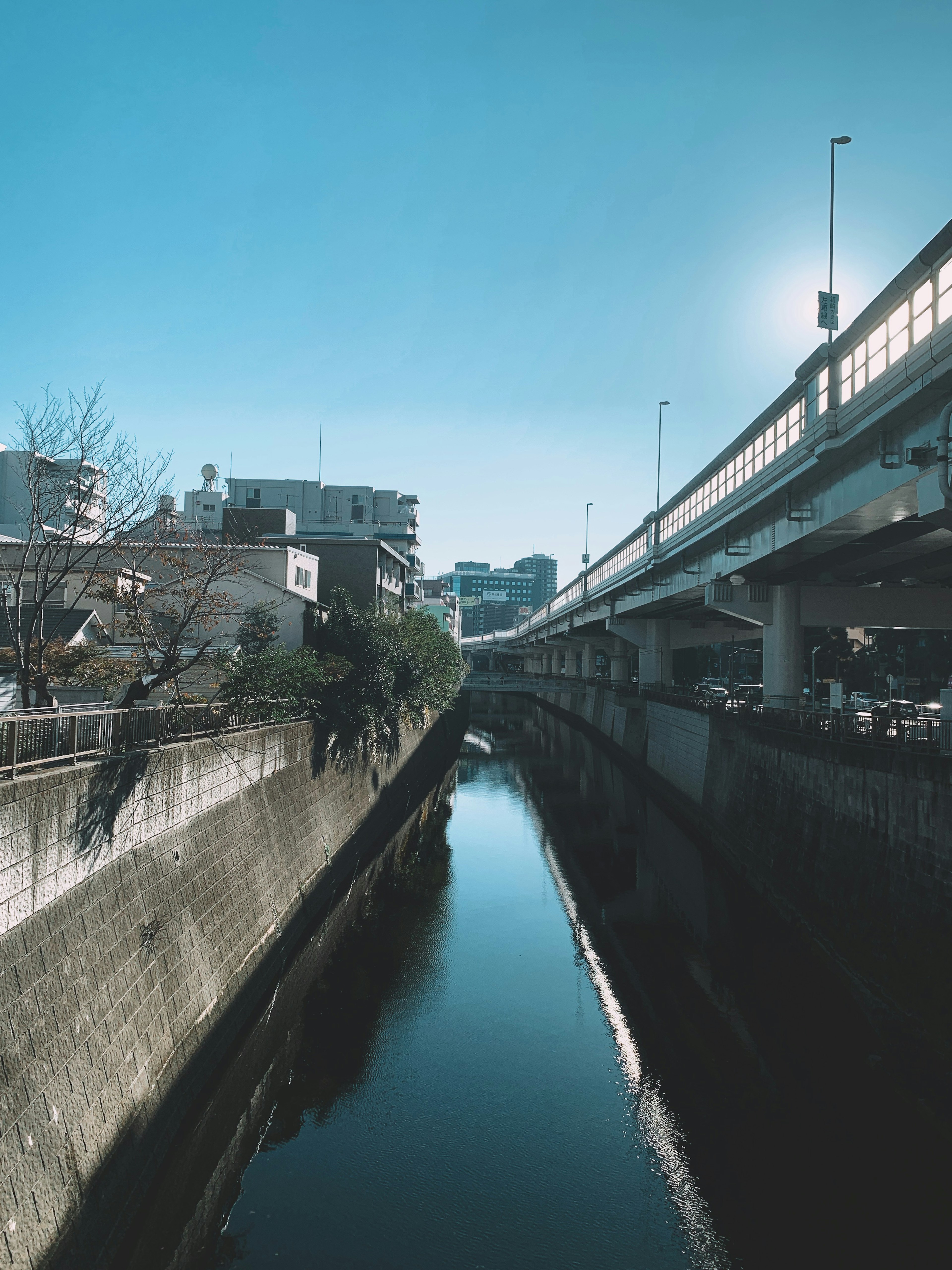 A view of a river under a blue sky with an elevated road