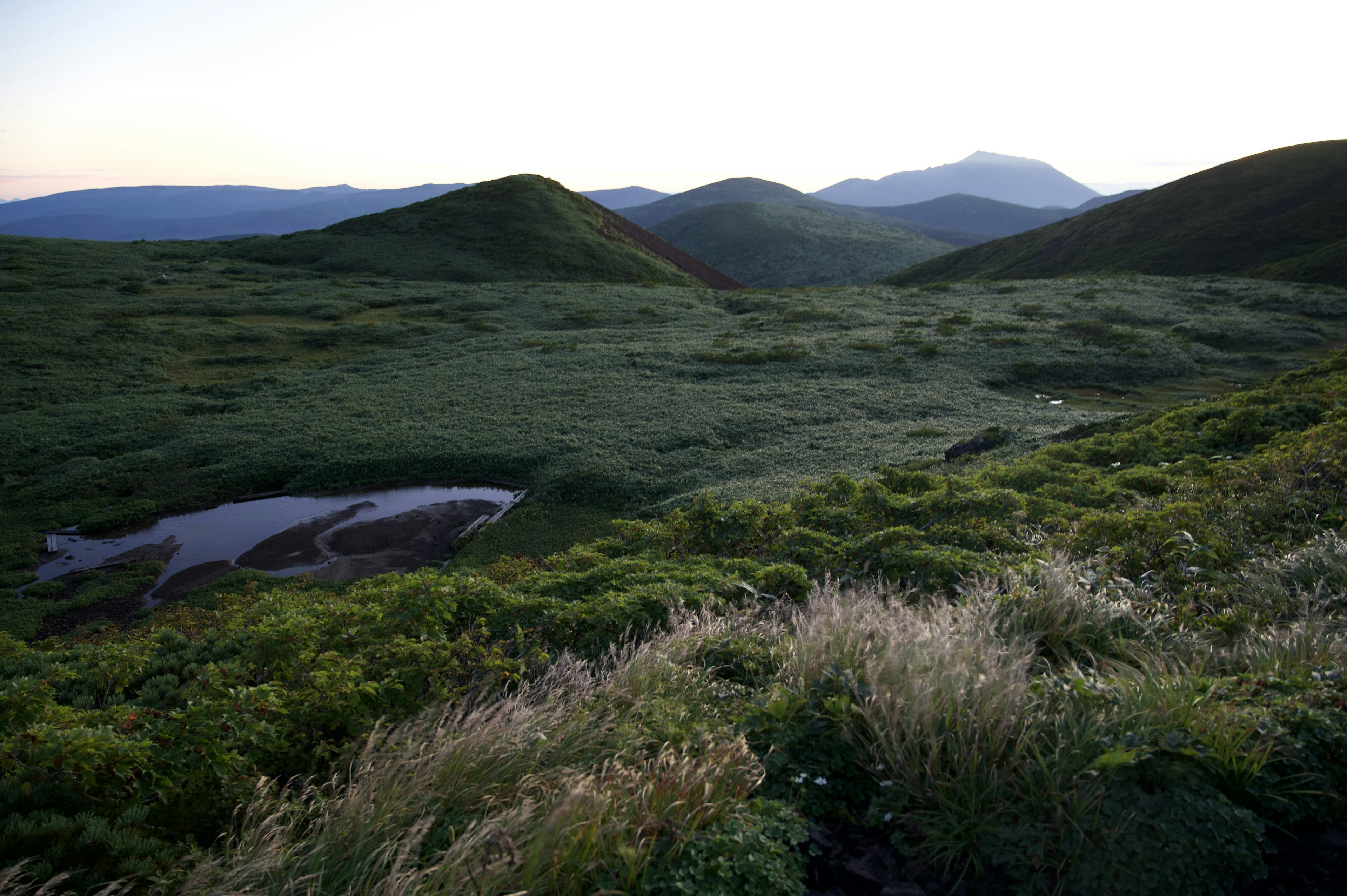 緑の丘と山々が広がる風景 夕暮れの柔らかな光が映る