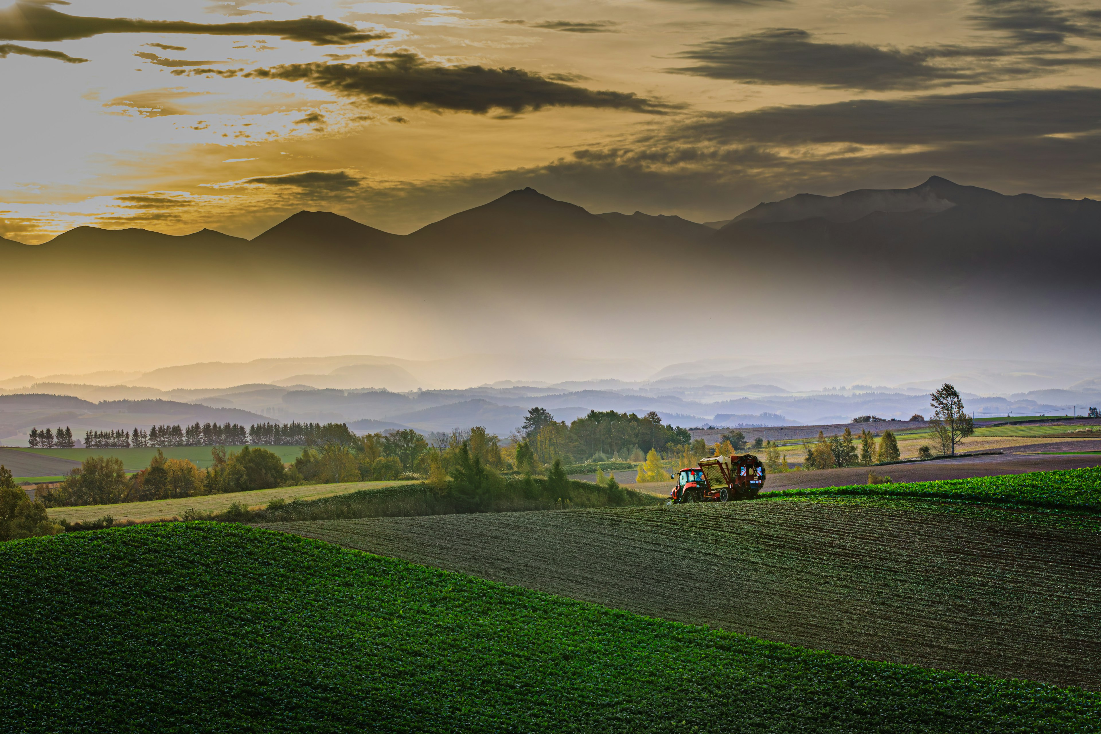 Paysage de ferme au coucher du soleil avec des champs verts et des montagnes en arrière-plan