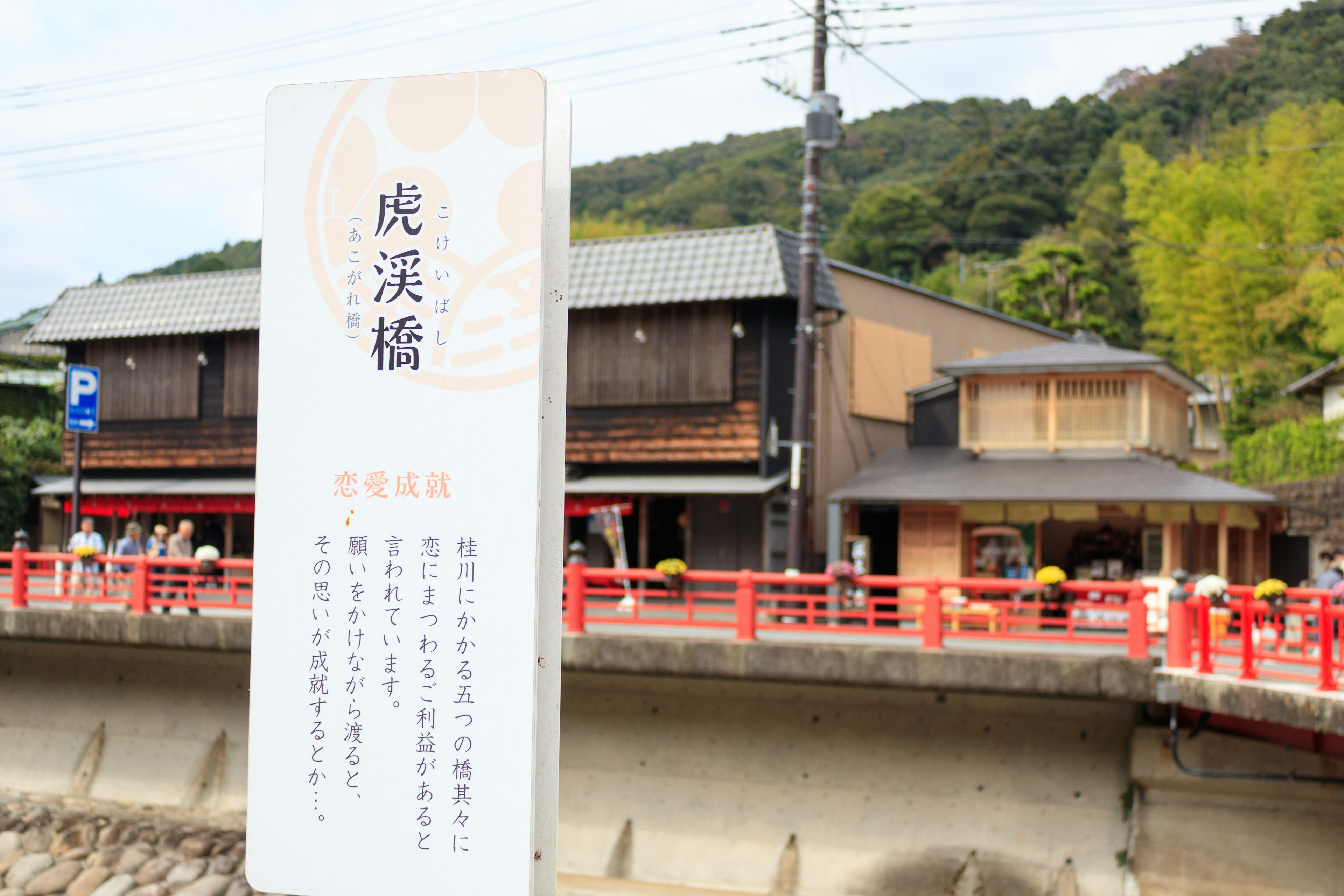 虎浜橋の看板と周囲の建物が見える風景