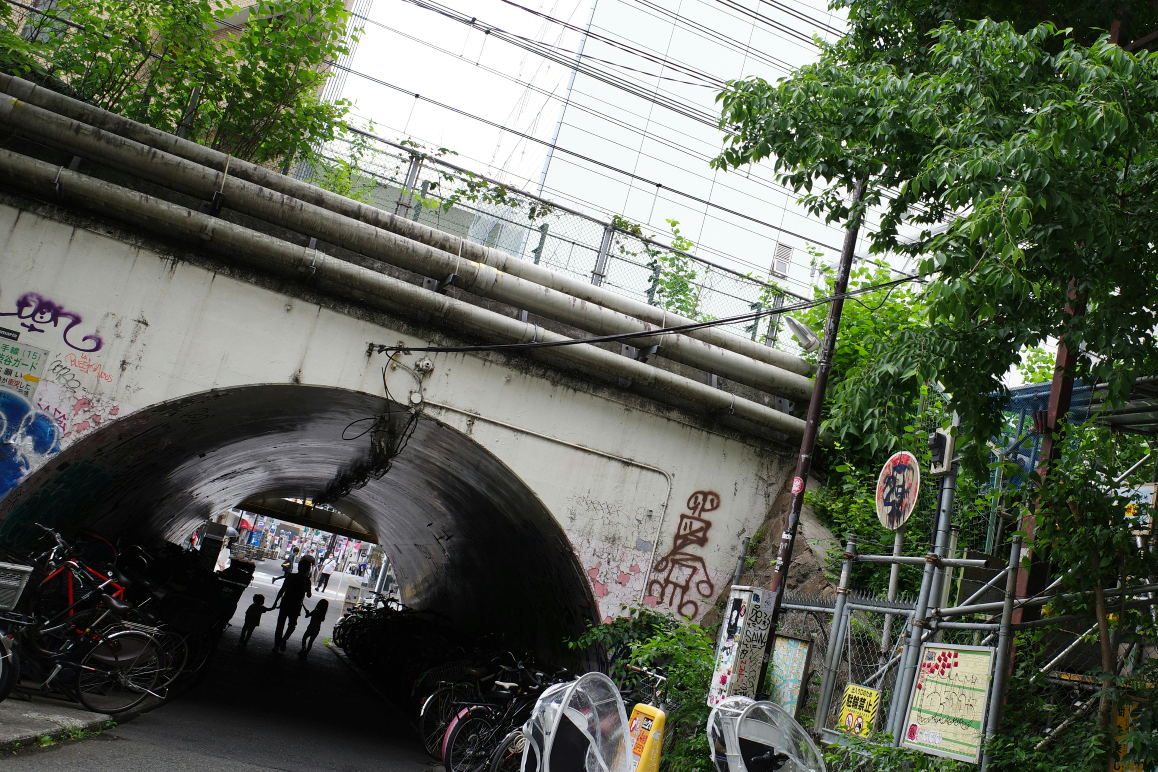 Menschen, die unter einem von Grün umgebenen Tunnel mit Fahrrädern in der Nähe gehen