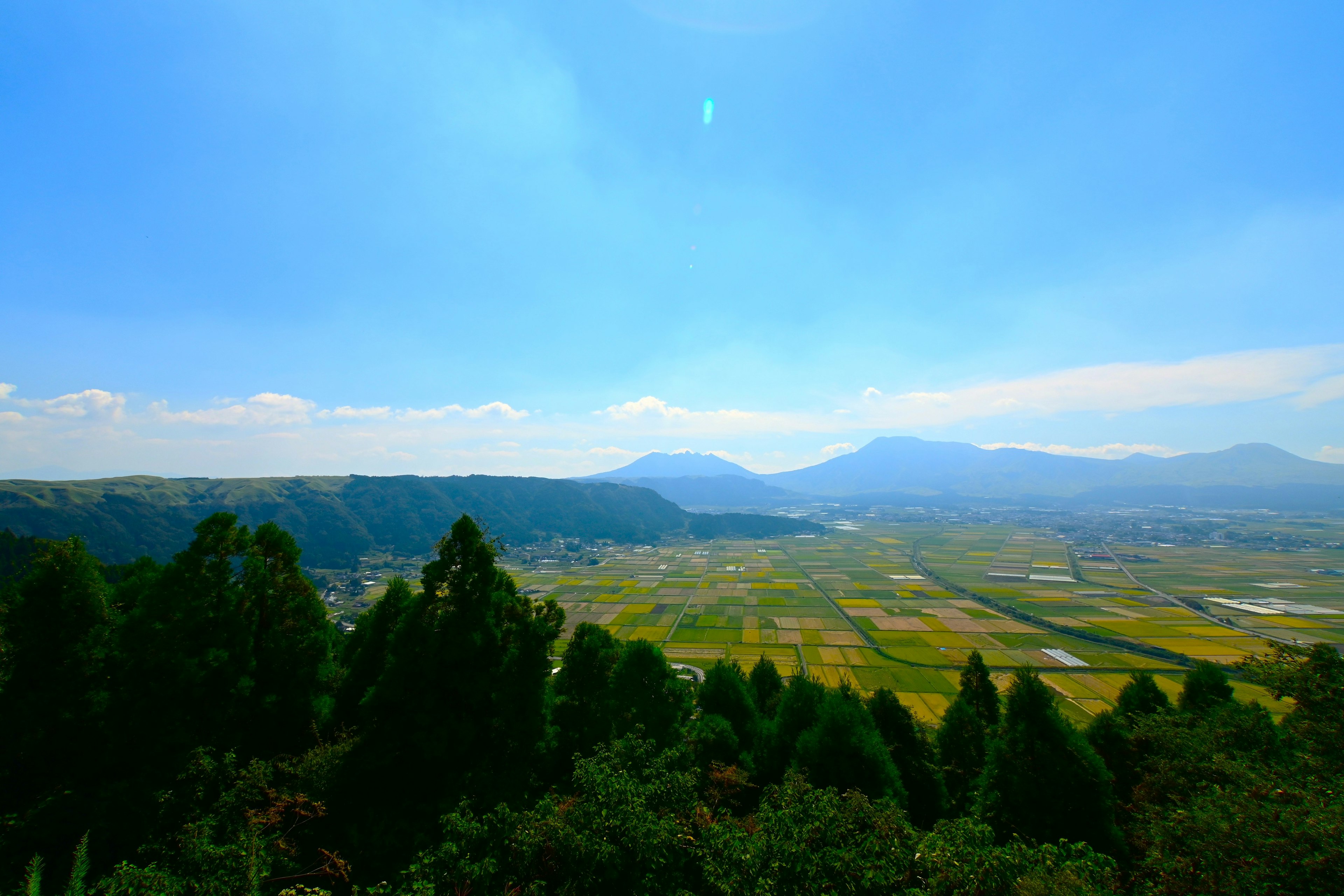 青空と山々を背景に広がる緑の風景