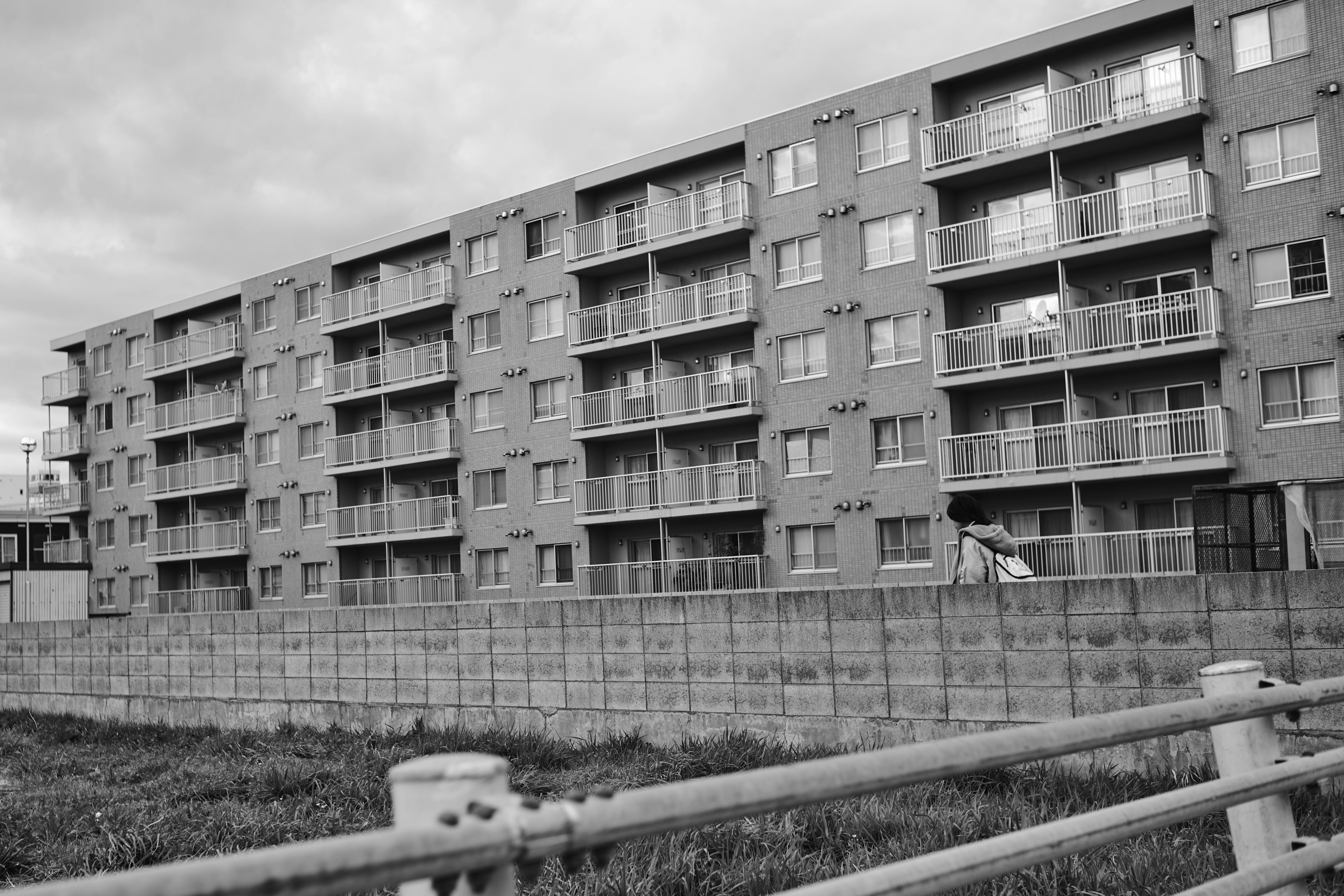 Photo en noir et blanc d'une façade d'immeuble gris