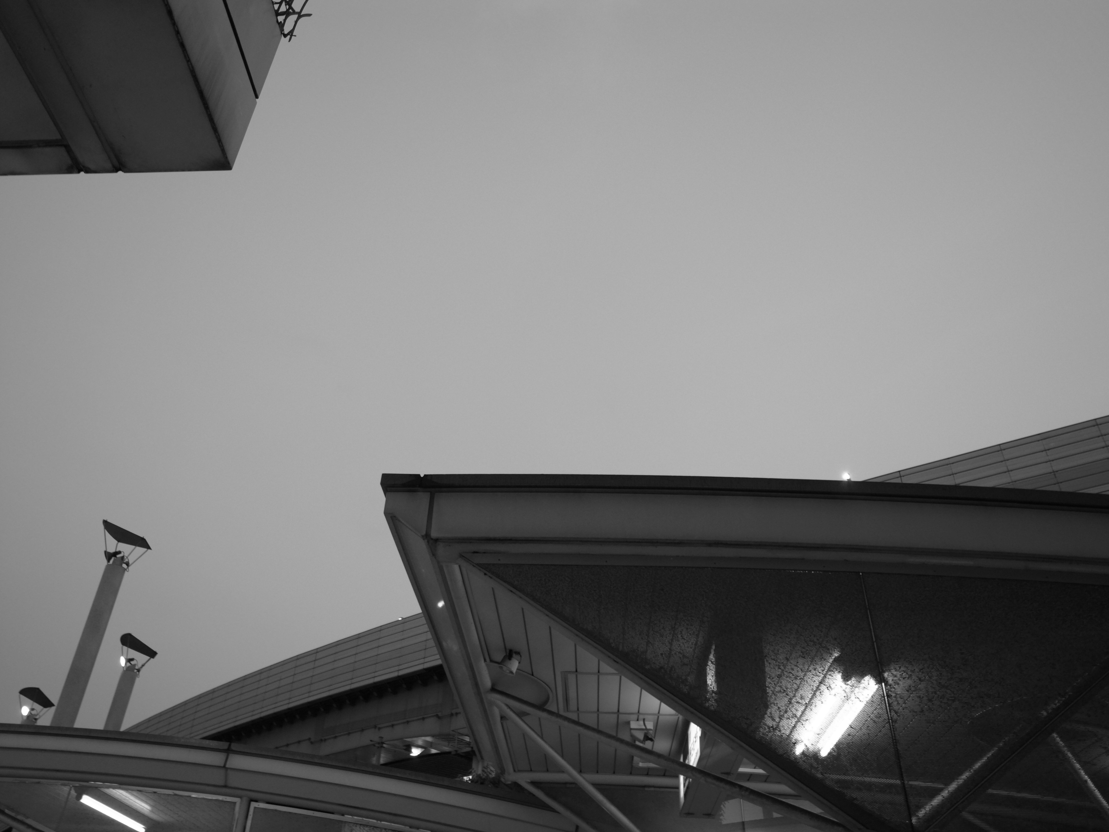 Black and white photo showcasing modern architectural roof structures against the sky