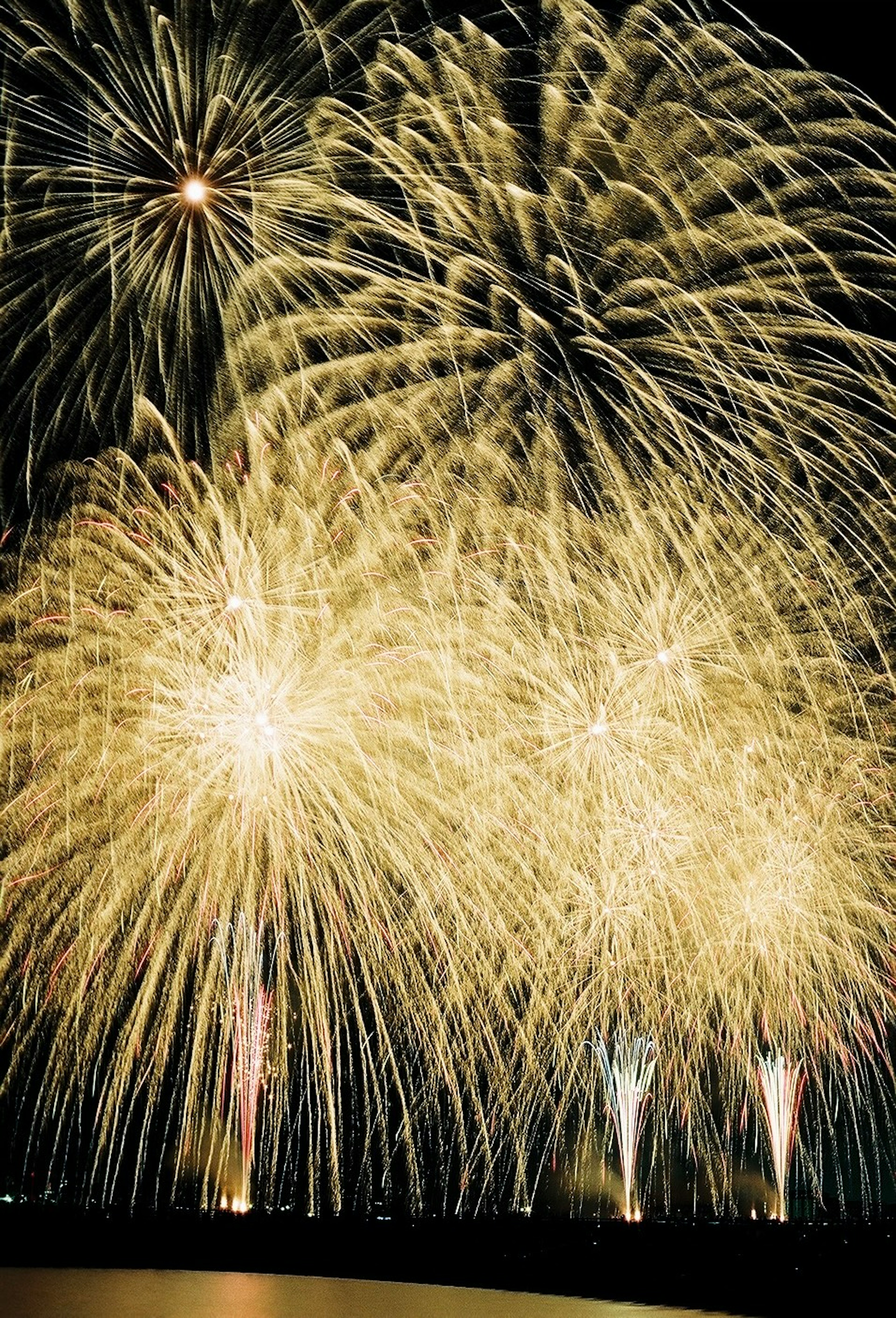 A display of large fireworks illuminating the night sky with golden sparks