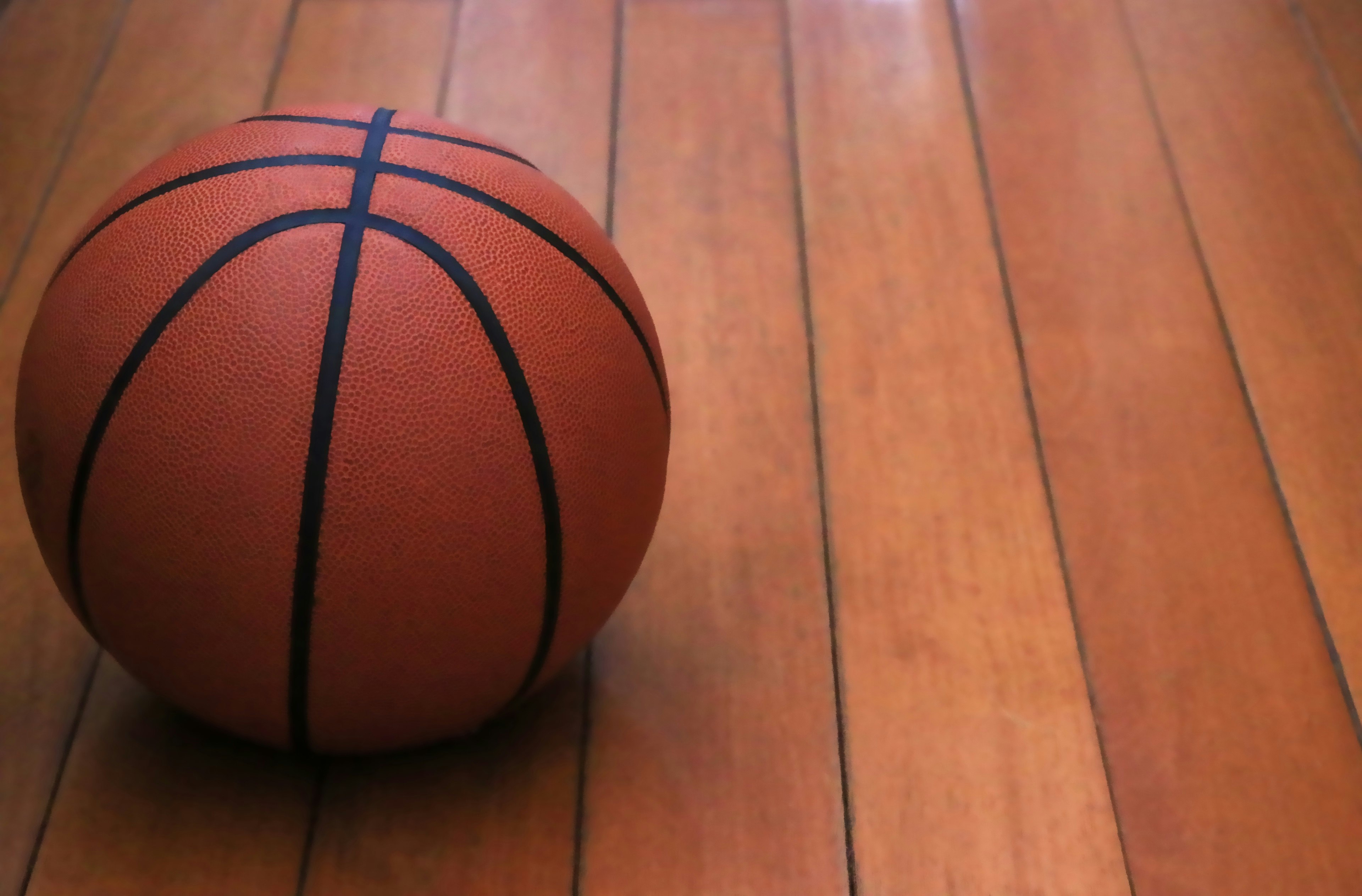 A basketball resting on a wooden floor