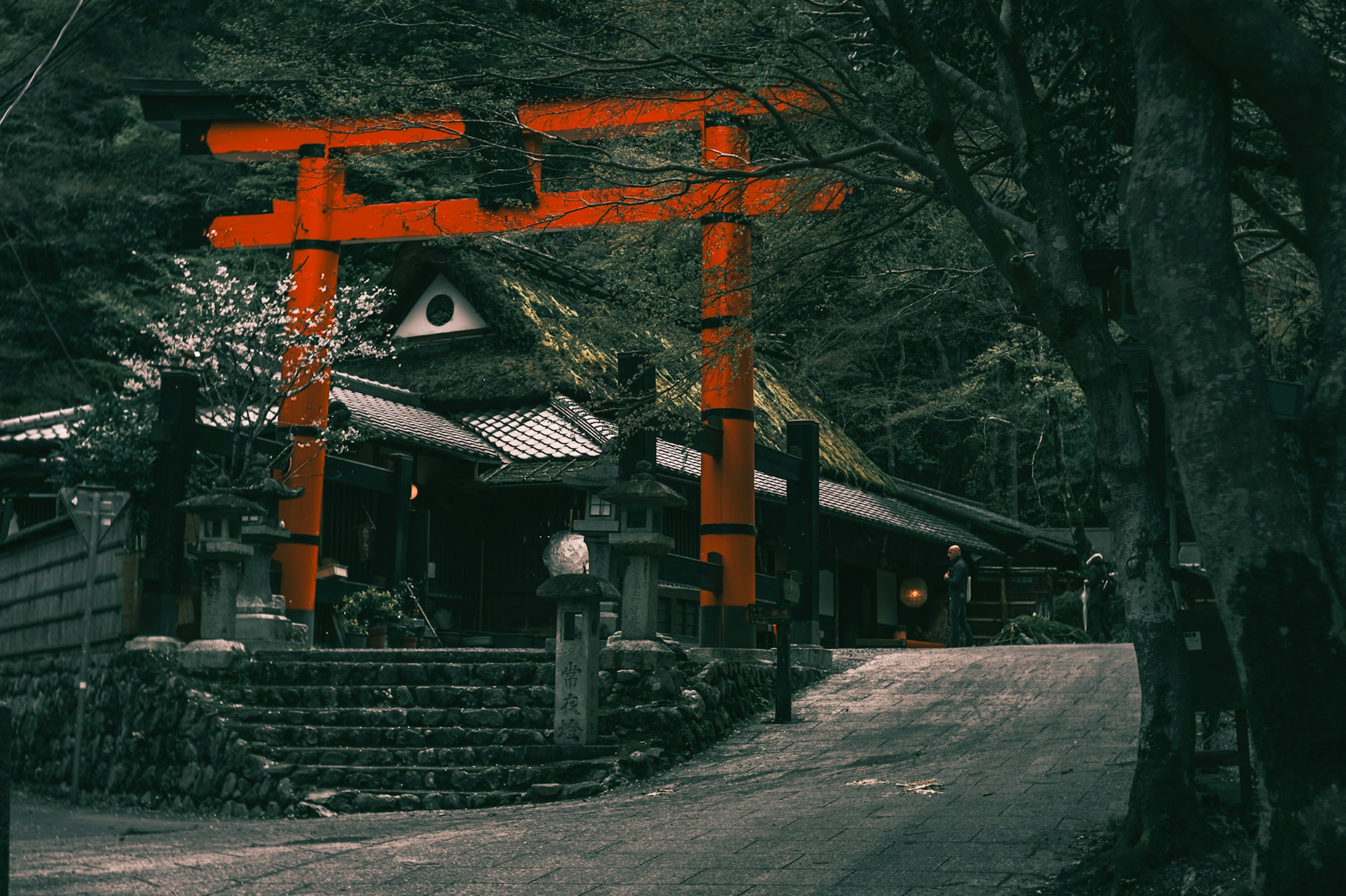 寧靜的場景，有紅色鳥居和一棟古老的建築