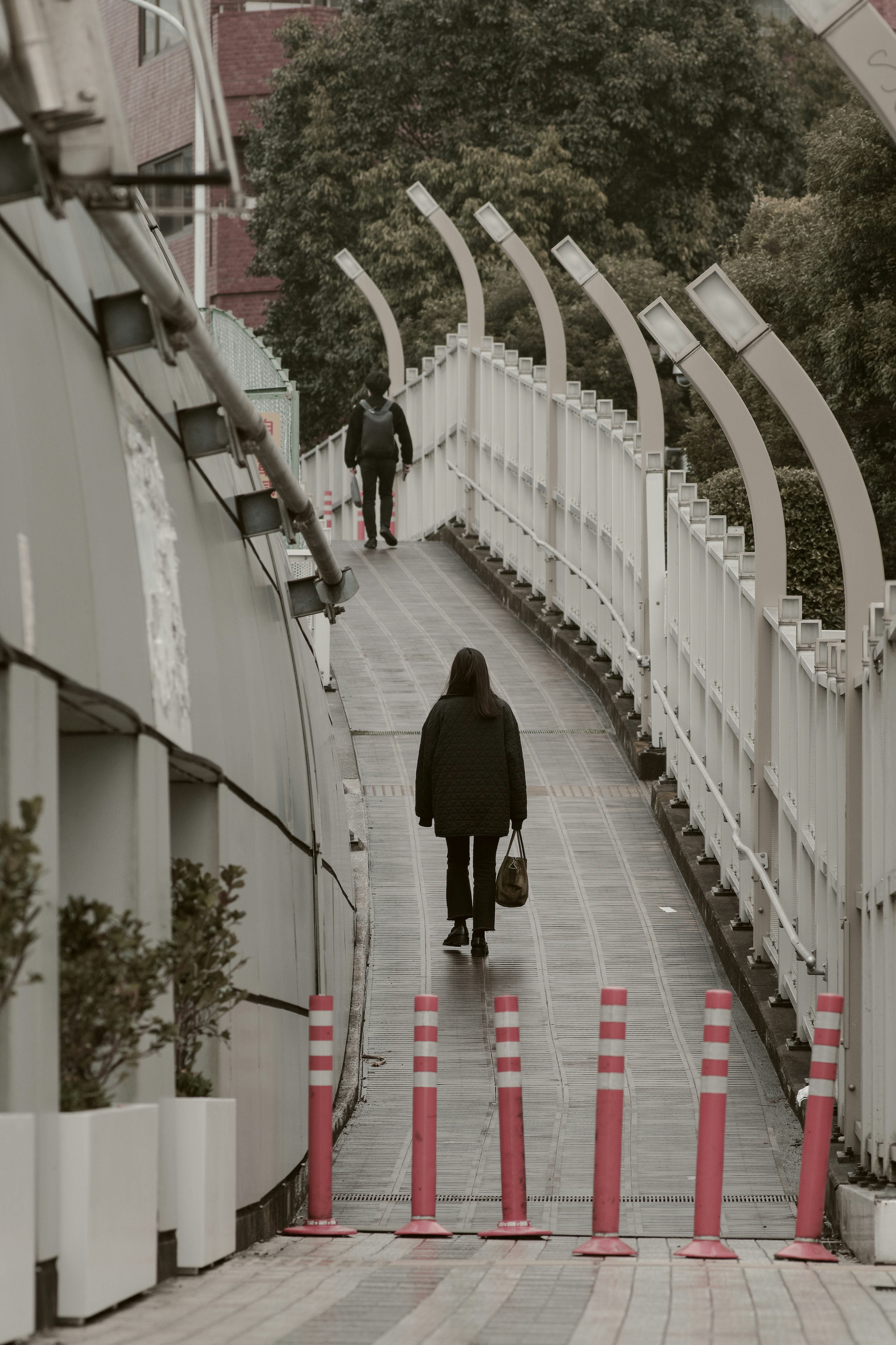 Una persona caminando por una pasarela inclinada con barreras rojas y vegetación