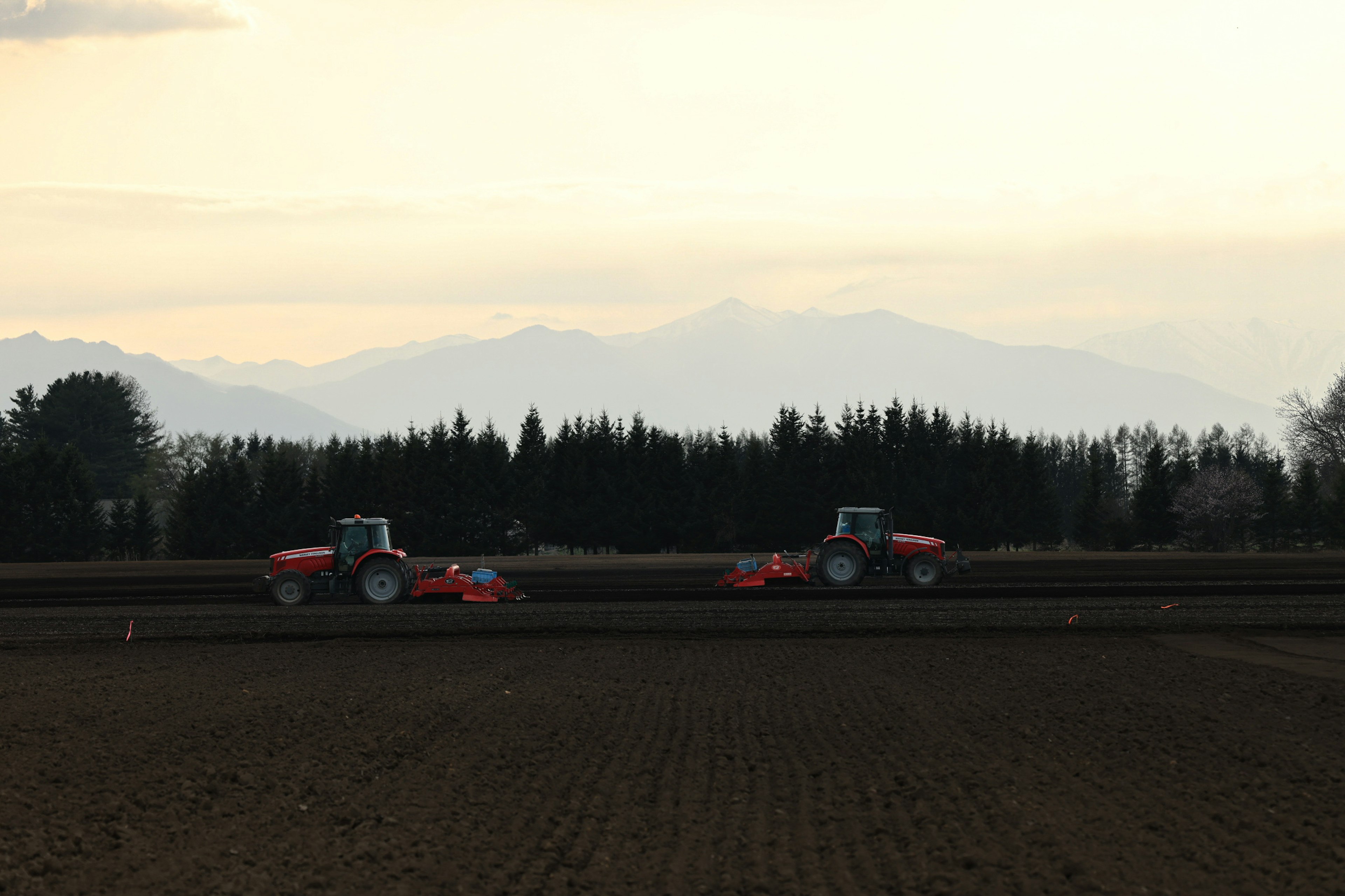 Tractores rojos trabajando en un campo con montañas de fondo