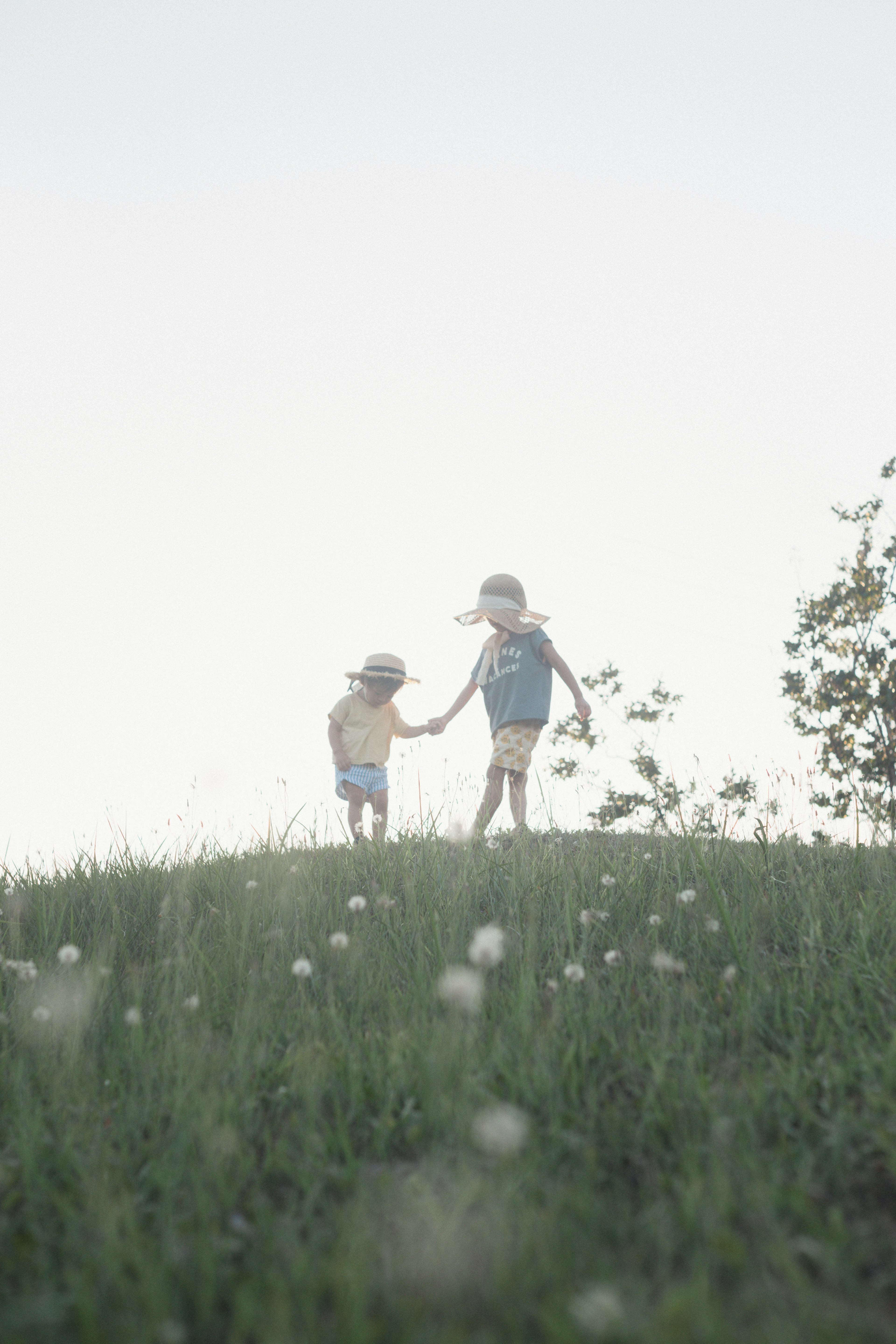 Bambini che camminano mano nella mano su una collina